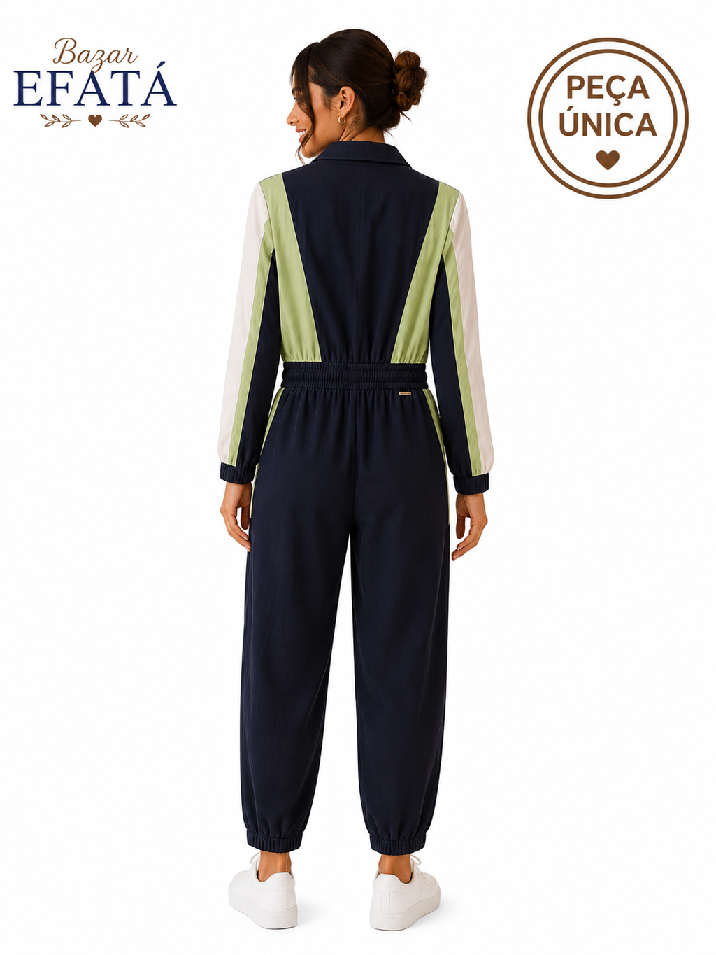Macacão Feminino Esportivo com Zíper e Ajuste na Cintura – Azul Marinho e Verde | Peça Única | Bazar EFATÁ