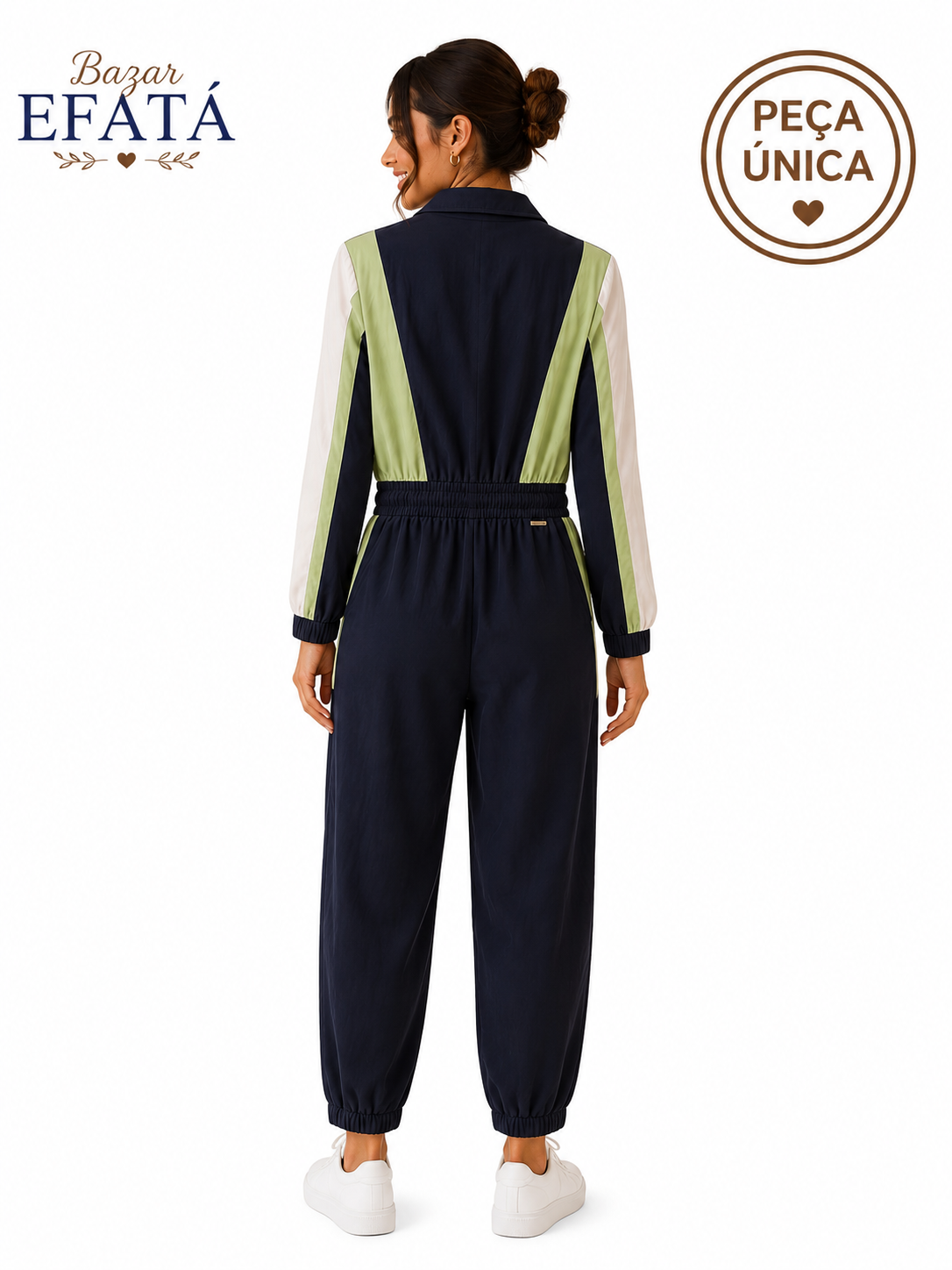 Macacão Feminino Esportivo com Zíper e Ajuste na Cintura – Azul Marinho e Verde | Peça Única | Bazar EFATÁ