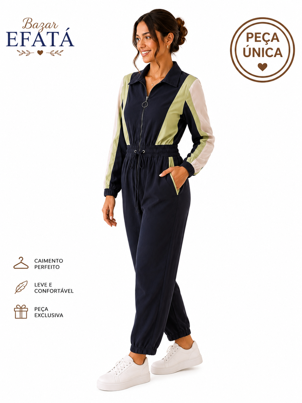 Macacão Feminino Esportivo com Zíper e Ajuste na Cintura – Azul Marinho e Verde | Peça Única | Bazar EFATÁ