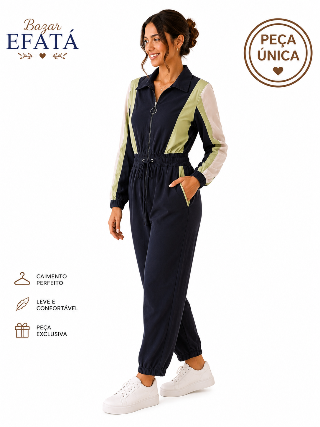 Macacão Feminino Esportivo com Zíper e Ajuste na Cintura – Azul Marinho e Verde | Peça Única | Bazar EFATÁ
