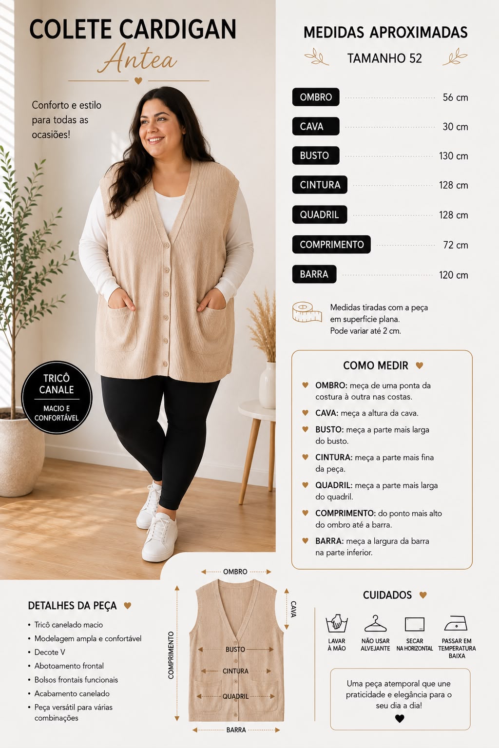Colete Feminino Plus Size Alongado em Tricô Bege | Peça Única