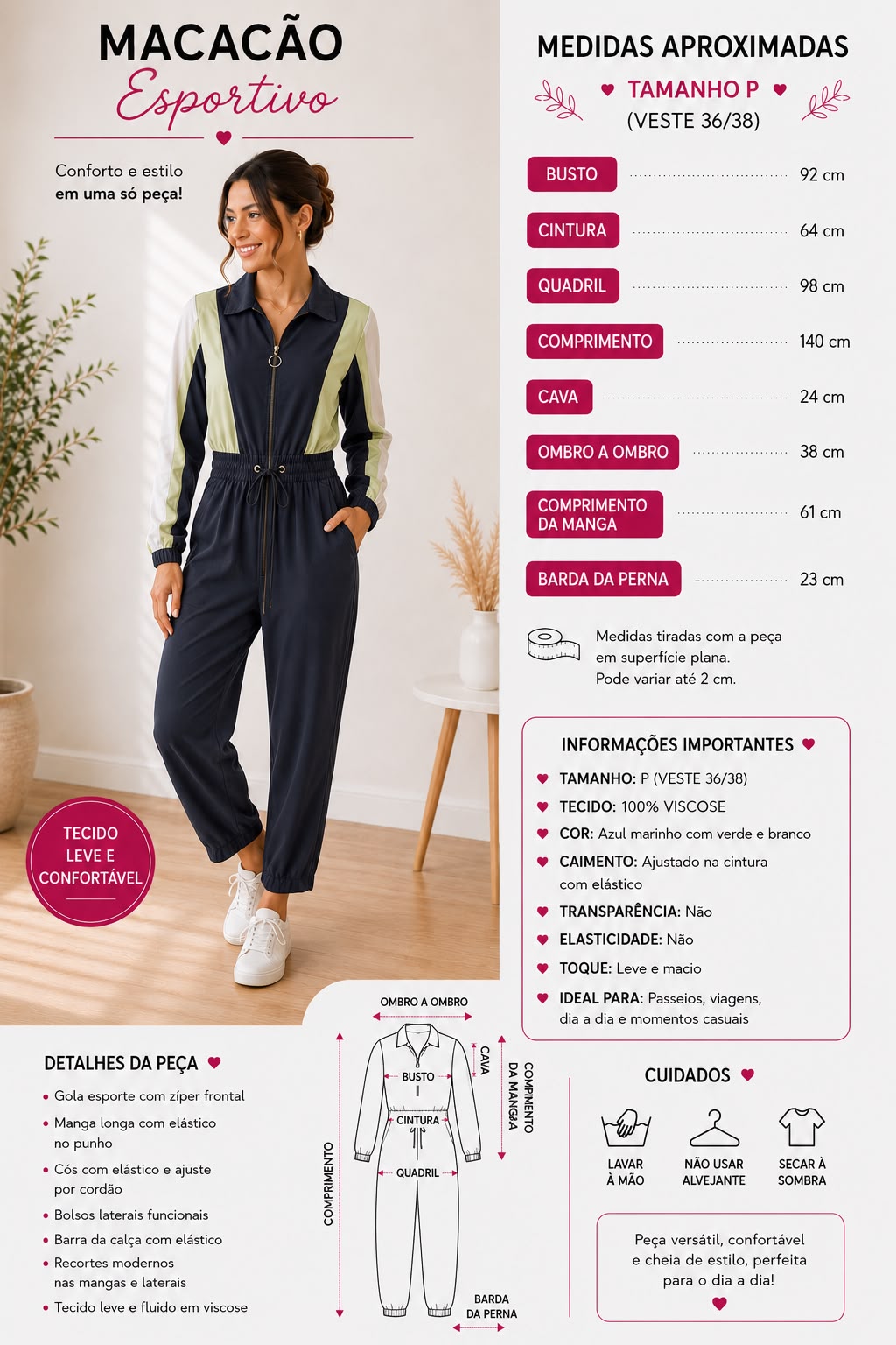 Macacão Feminino Esportivo com Zíper e Ajuste na Cintura – Azul Marinho e Verde | Peça Única | Bazar EFATÁ