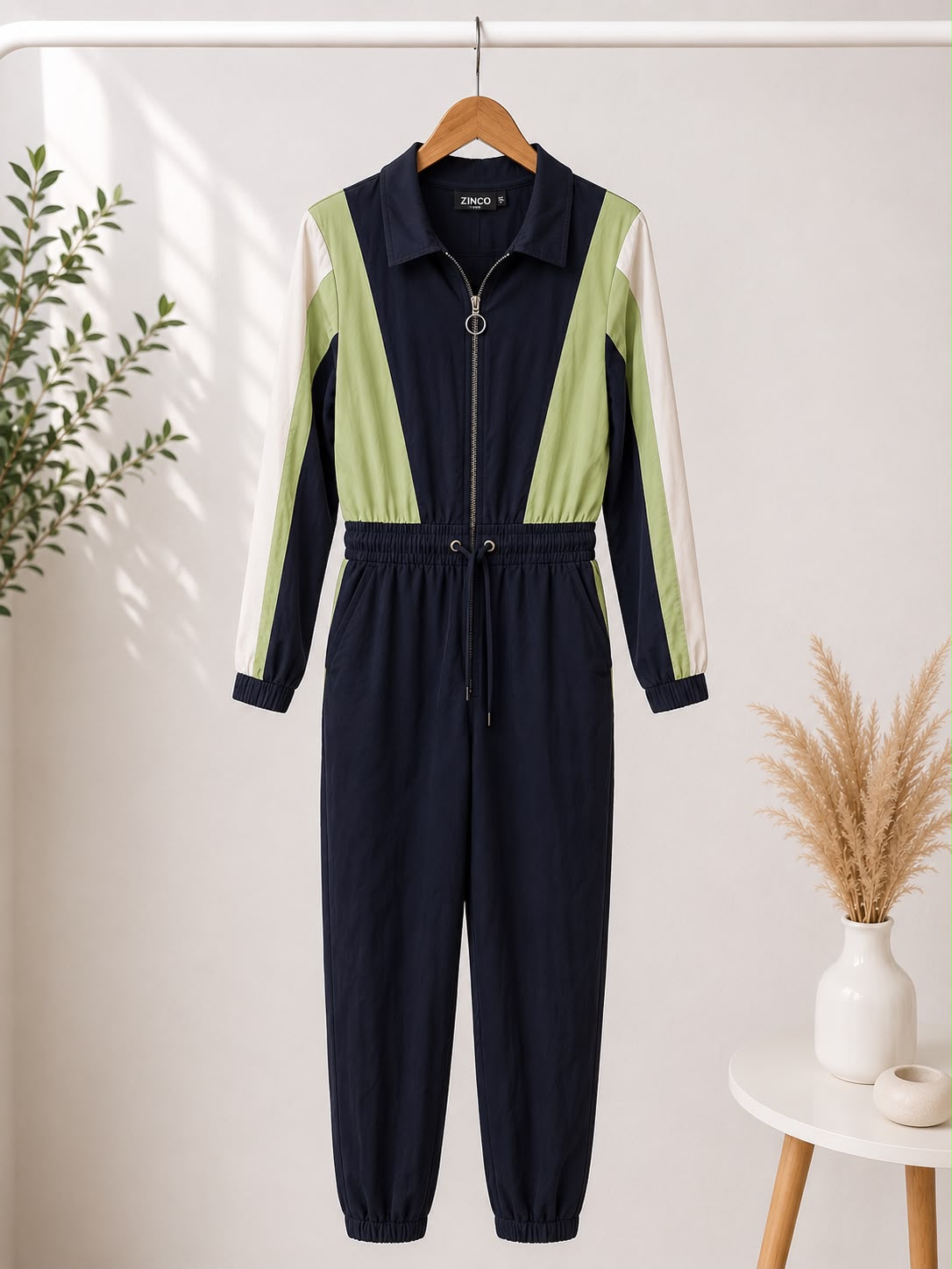 Macacão Feminino Esportivo com Zíper e Ajuste na Cintura – Azul Marinho e Verde | Peça Única | Bazar EFATÁ