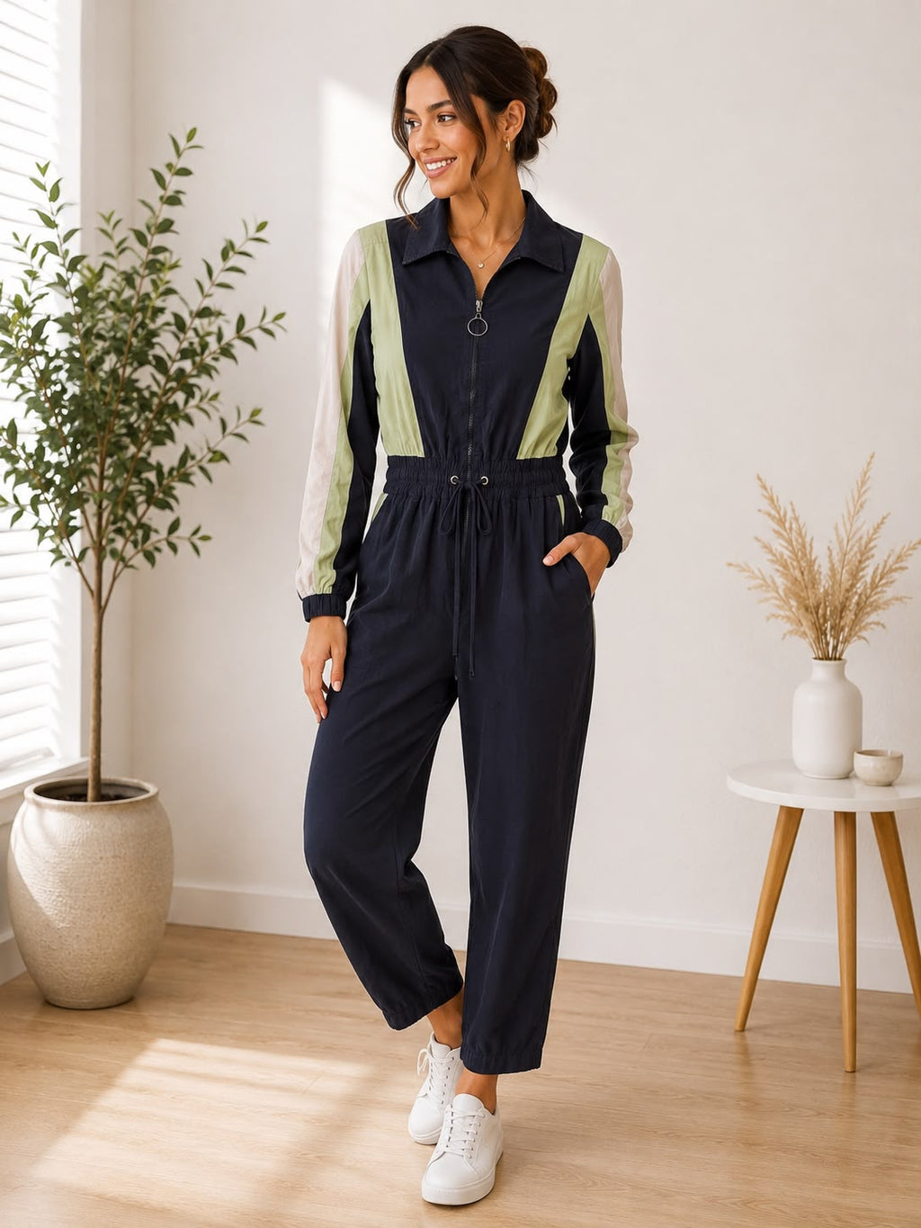 Macacão Feminino Esportivo com Zíper e Ajuste na Cintura – Azul Marinho e Verde | Peça Única | Bazar EFATÁ