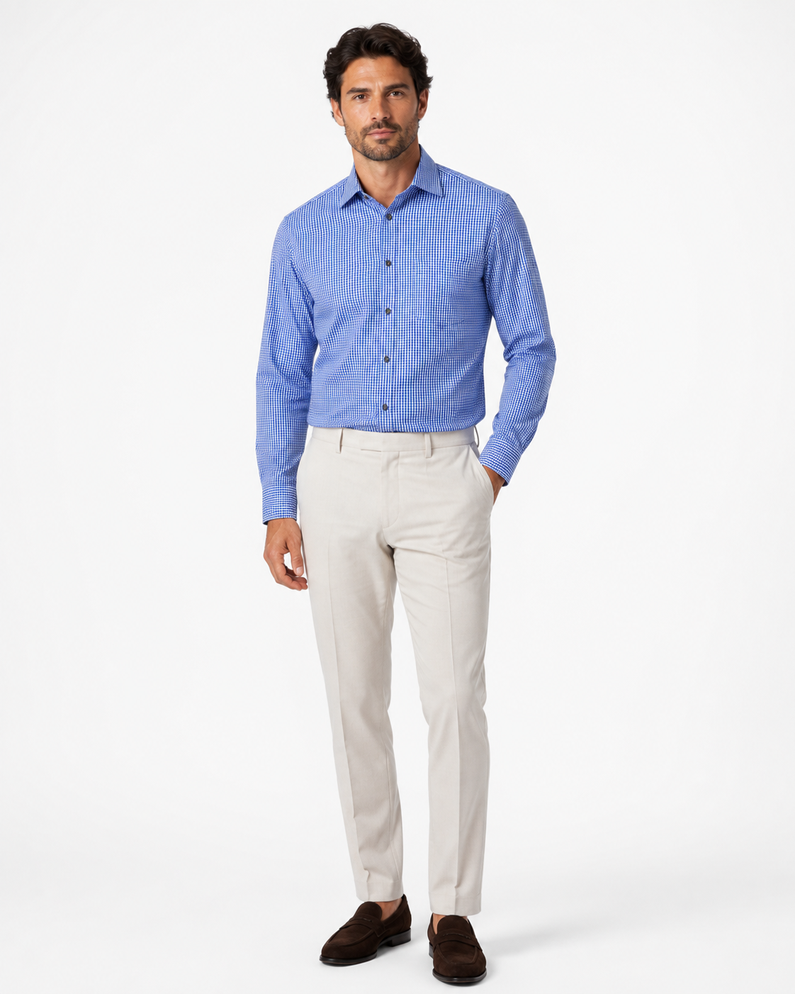 Camisa Masculina Ermenegildo Zegna Xadrez Azul e Branco – Manga Longa