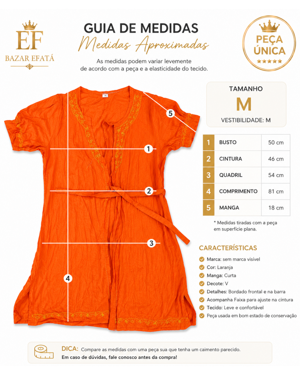 Bata feminina laranja BAZAR OFICIAL EFATA com bordados, manga curta, decote V e faixa de ajuste na cintura.