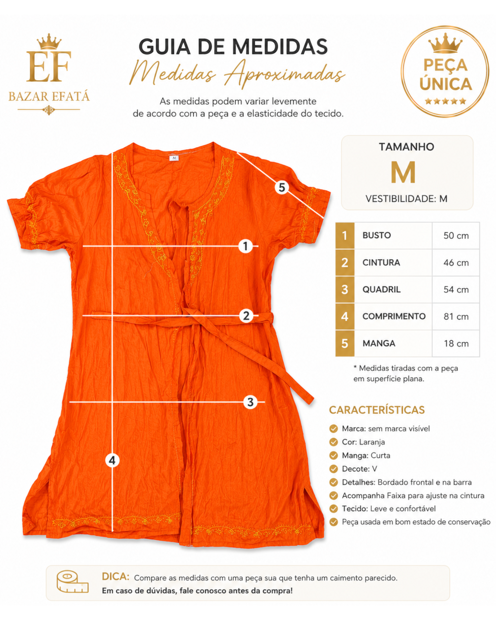 Bata feminina laranja BAZAR OFICIAL EFATA com bordados, manga curta, decote V e faixa de ajuste na cintura.