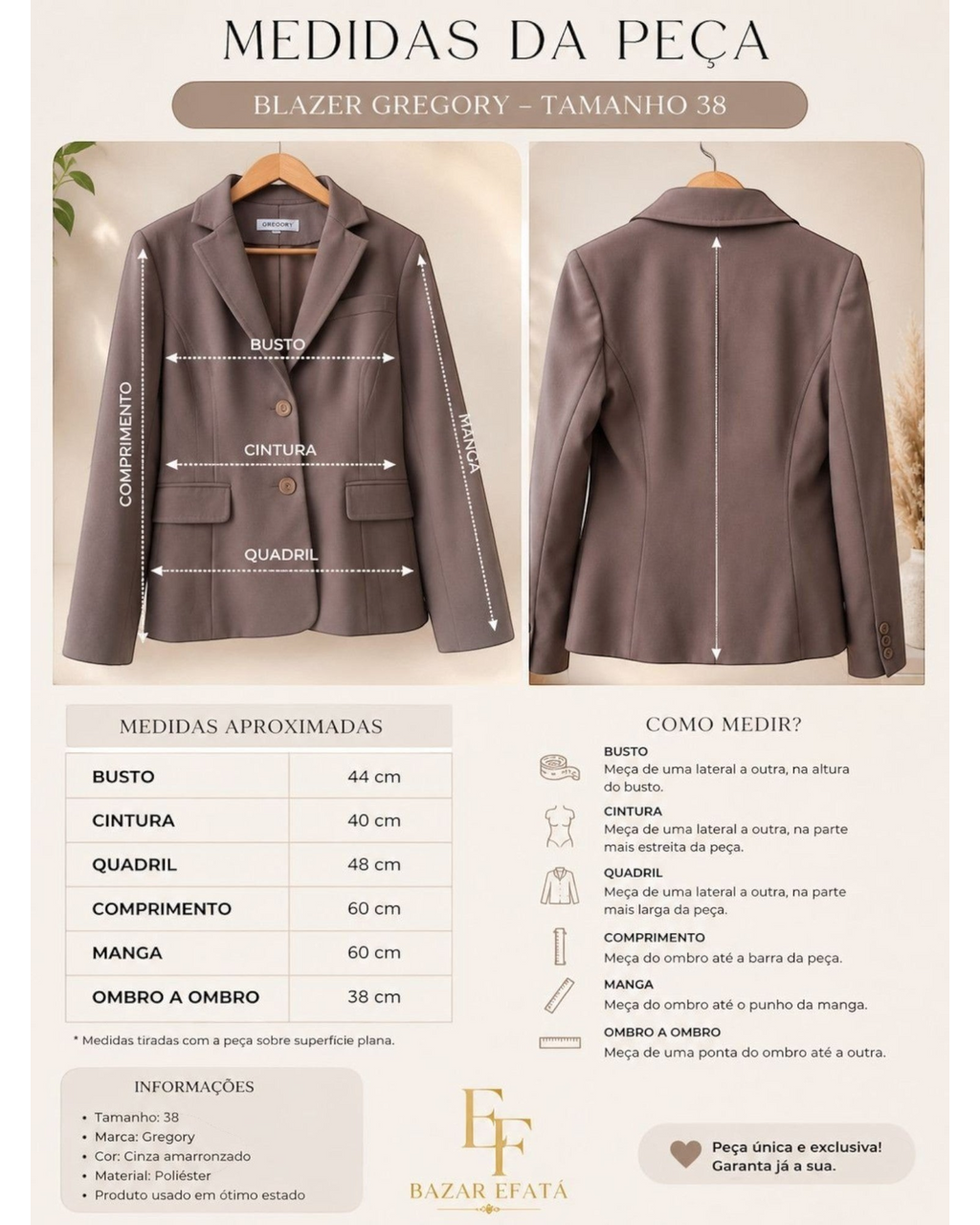 Blazer feminino Gregory cinza amarronzado com guia de medidas e detalhes de modelagem da BAZAR OFICIAL EFATA