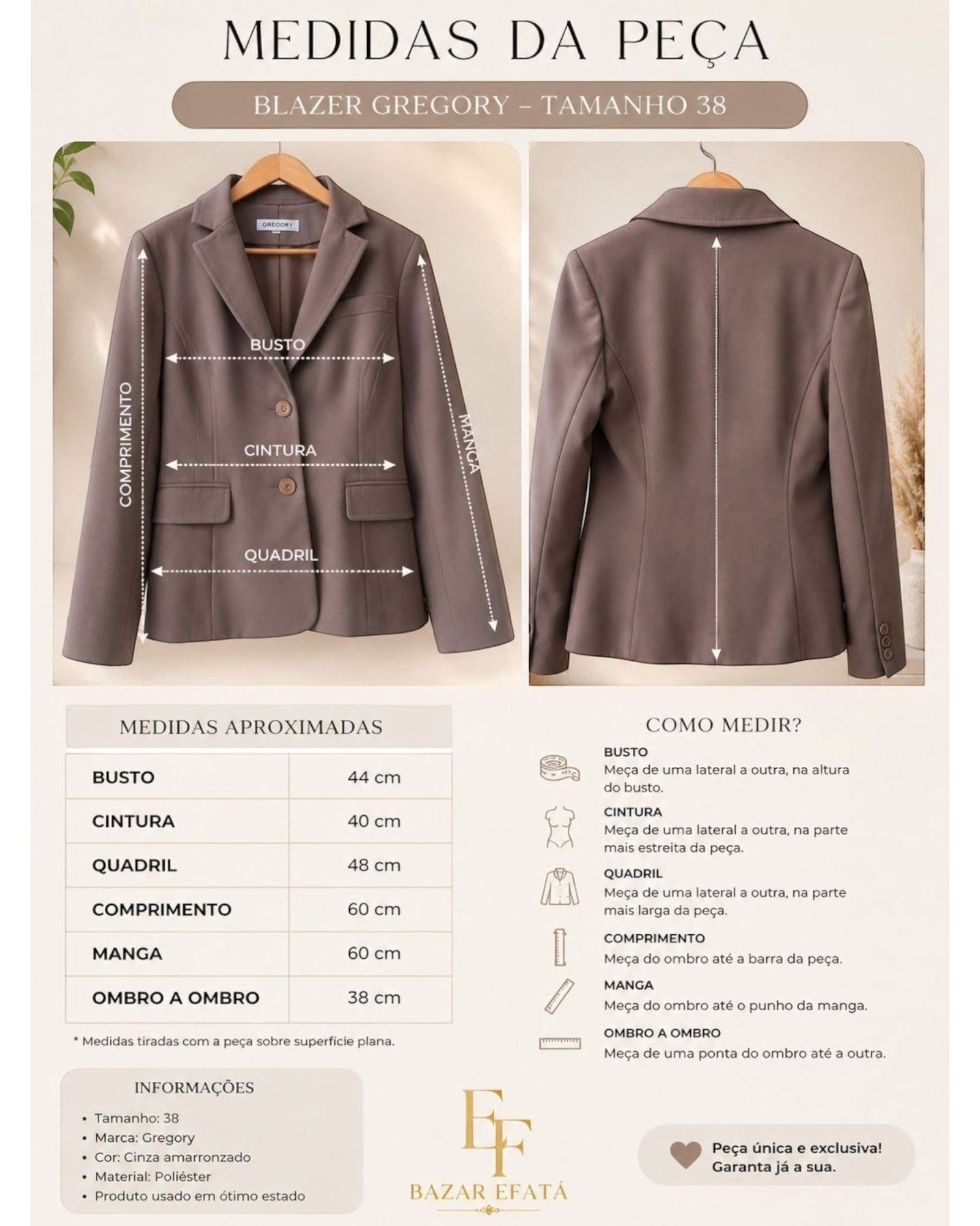 Blazer feminino Gregory cinza amarronzado com guia de medidas e detalhes de modelagem da BAZAR OFICIAL EFATA