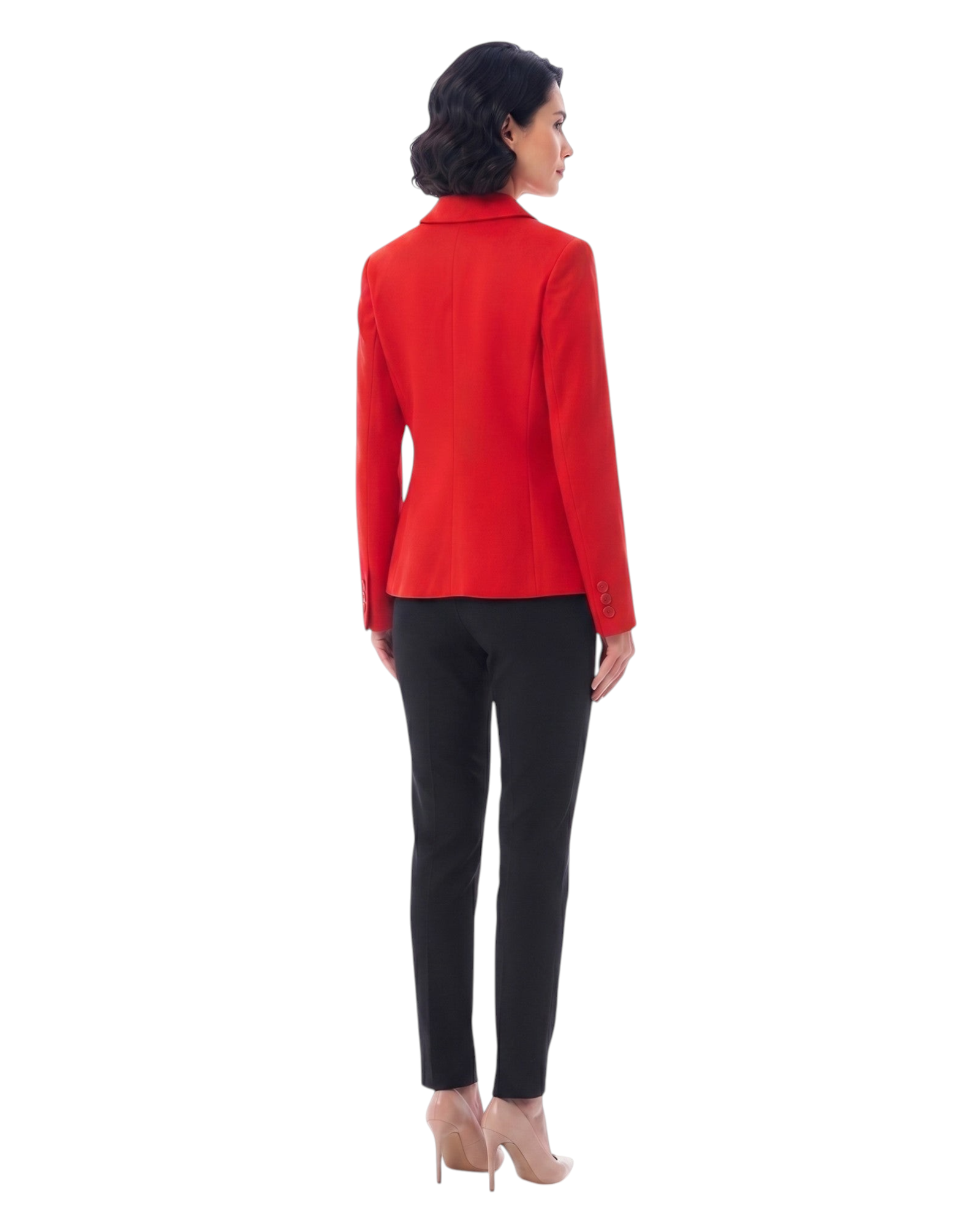 Modelo de costas vestindo blazer Gregory vermelho clássico com calça preta e salto alto, fundo branco.
