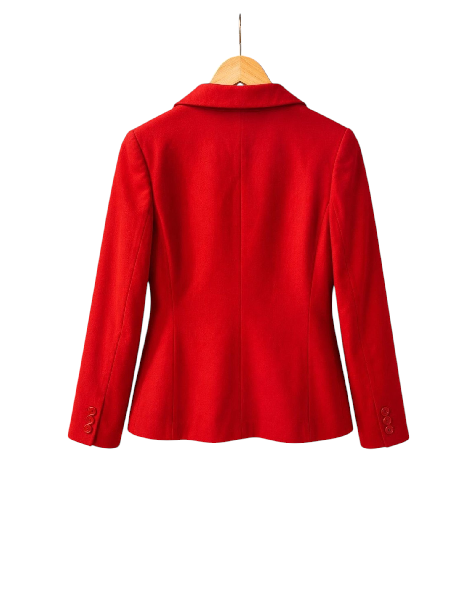 Blazer feminino vermelho Gregory em vista traseira, peça clássica e elegante em ótimo estado de conservação.