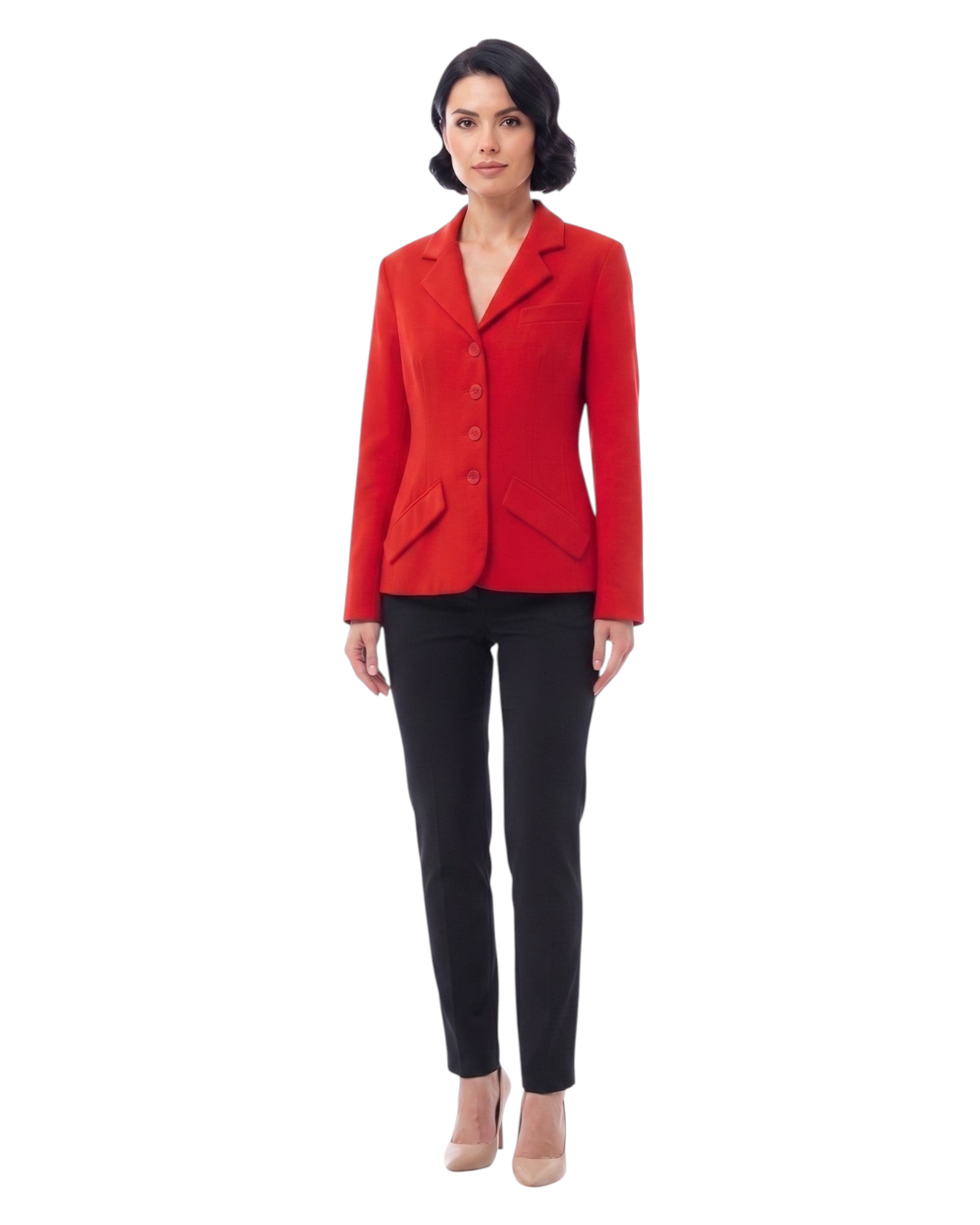 Modelo vestindo blazer Gregory vermelho vibrante com corte clássico e botões frontais, combinado com calça preta.