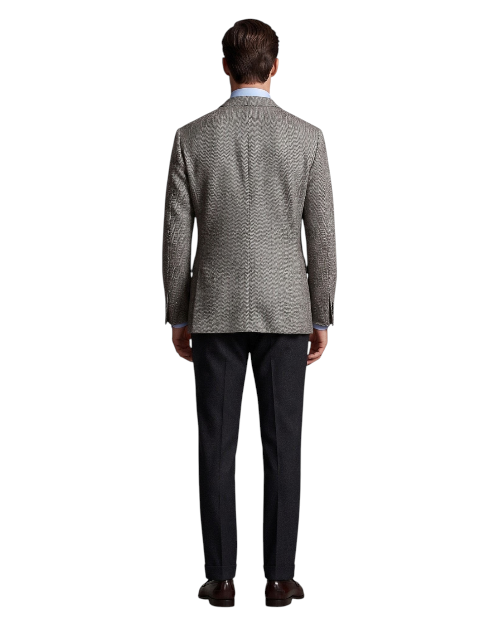 Vista traseira de blazer masculino vintage cinza com textura clássica, usado com camisa azul e calça social escura.