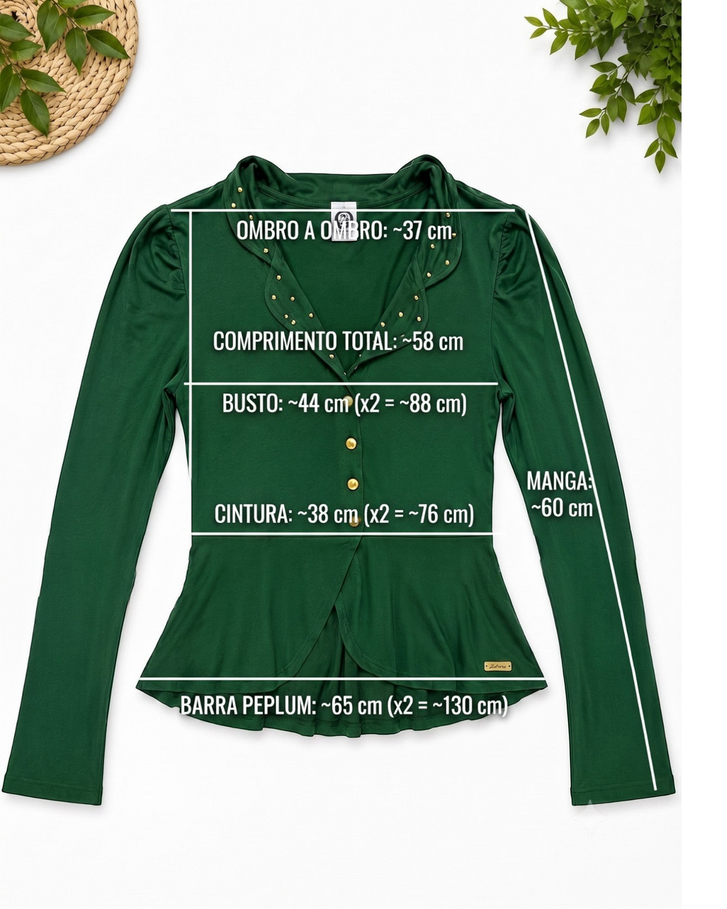 Blazer peplum verde Zahra da BAZAR OFICIAL EFATA com apliques dourados na gola e medidas detalhadas na imagem.