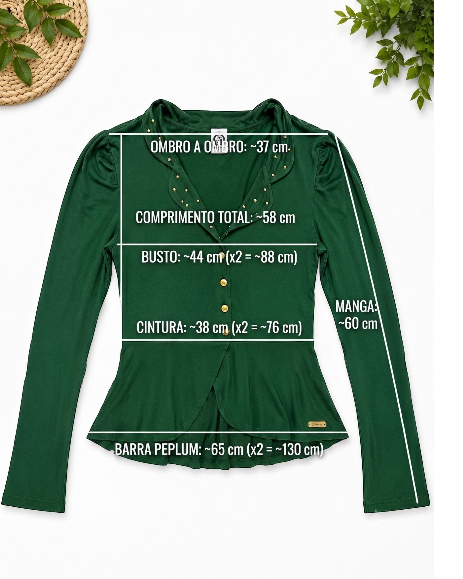 Blazer peplum verde Zahra da BAZAR OFICIAL EFATA com apliques dourados na gola e medidas detalhadas na imagem.