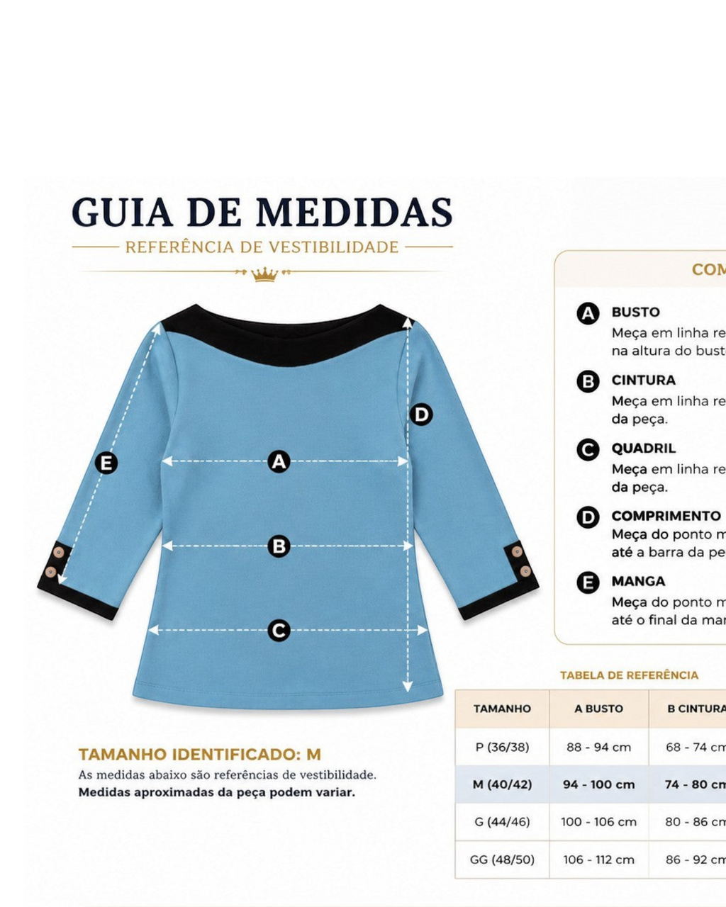 Blusa feminina azul petróleo BAZAR OFICIAL EFATA com detalhes pretos na gola e punhos, manga 3/4 e botões decorativos.