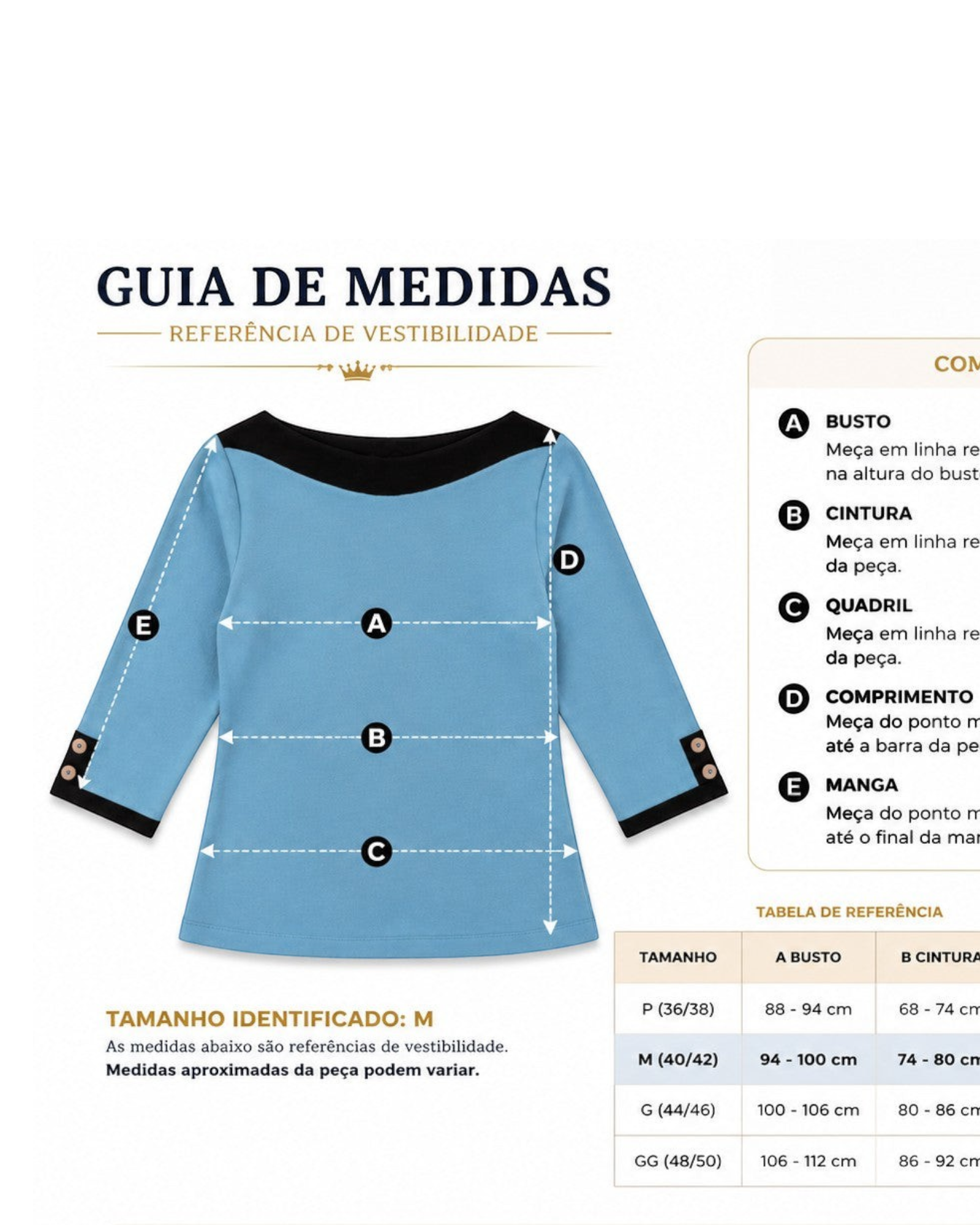 Blusa feminina azul petróleo BAZAR OFICIAL EFATA com detalhes pretos na gola e punhos, manga 3/4 e botões decorativos.