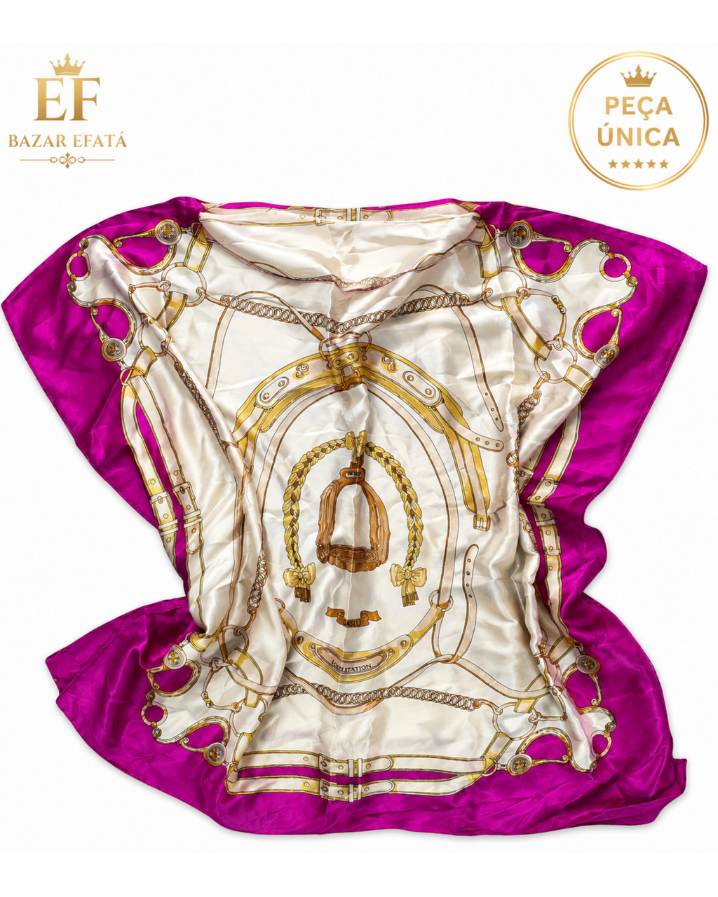 Blusa feminina DASLU com estampa equestre em tons de pink e off white, mangas japonesas e faixa de ajuste na cintura.
