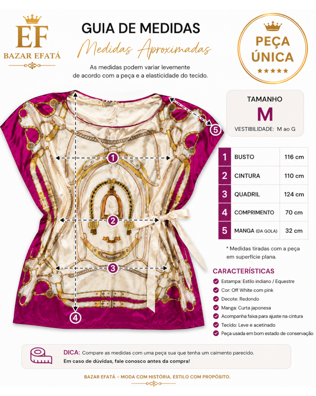 Blusa feminina DASLU com estampa equestre em tons de pink e off white, manga japonesa e faixa na cintura.