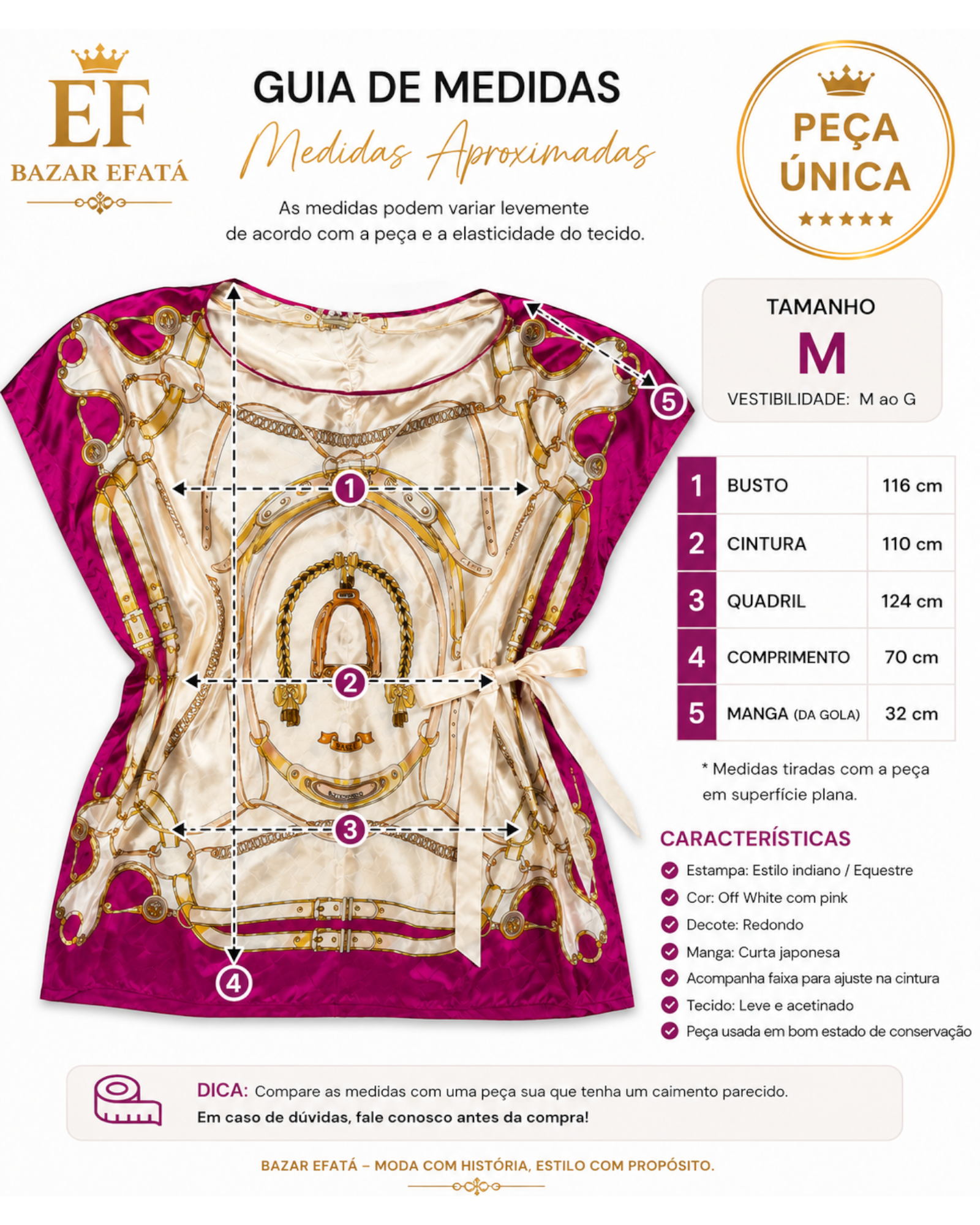 Blusa feminina DASLU com estampa equestre em tons de pink e off white, manga japonesa e faixa na cintura.