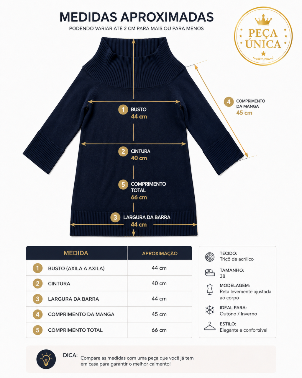 Blusa Gregory de tricô azul-marinho com gola alta, mangas 3/4 e detalhes canelados, exibindo medidas no BAZAR OFICIAL EFATA