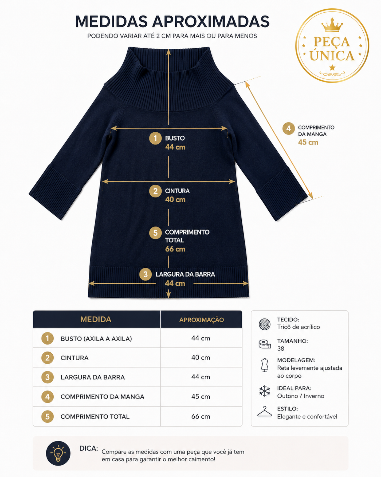 Blusa Gregory de tricô azul-marinho com gola alta, mangas 3/4 e detalhes canelados, exibindo medidas no BAZAR OFICIAL EFATA