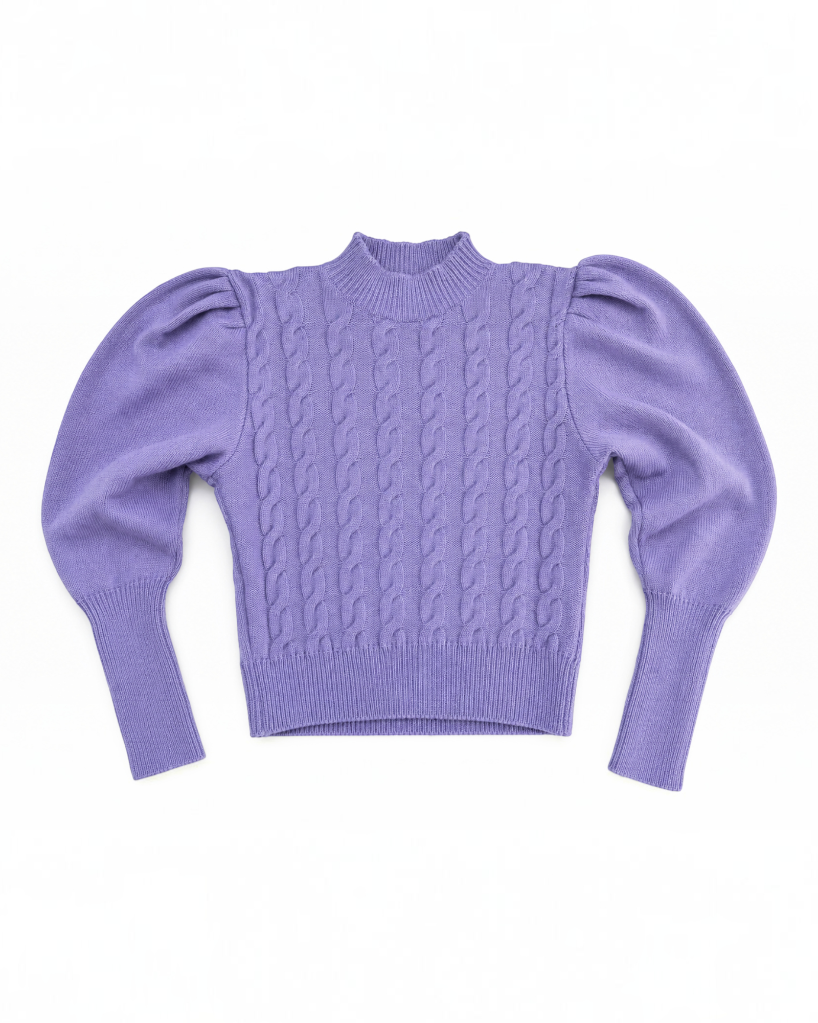Blusa BAZAR OFICIAL EFATA lilás de tricô com tranças frontais, gola alta e mangas bufantes longas.