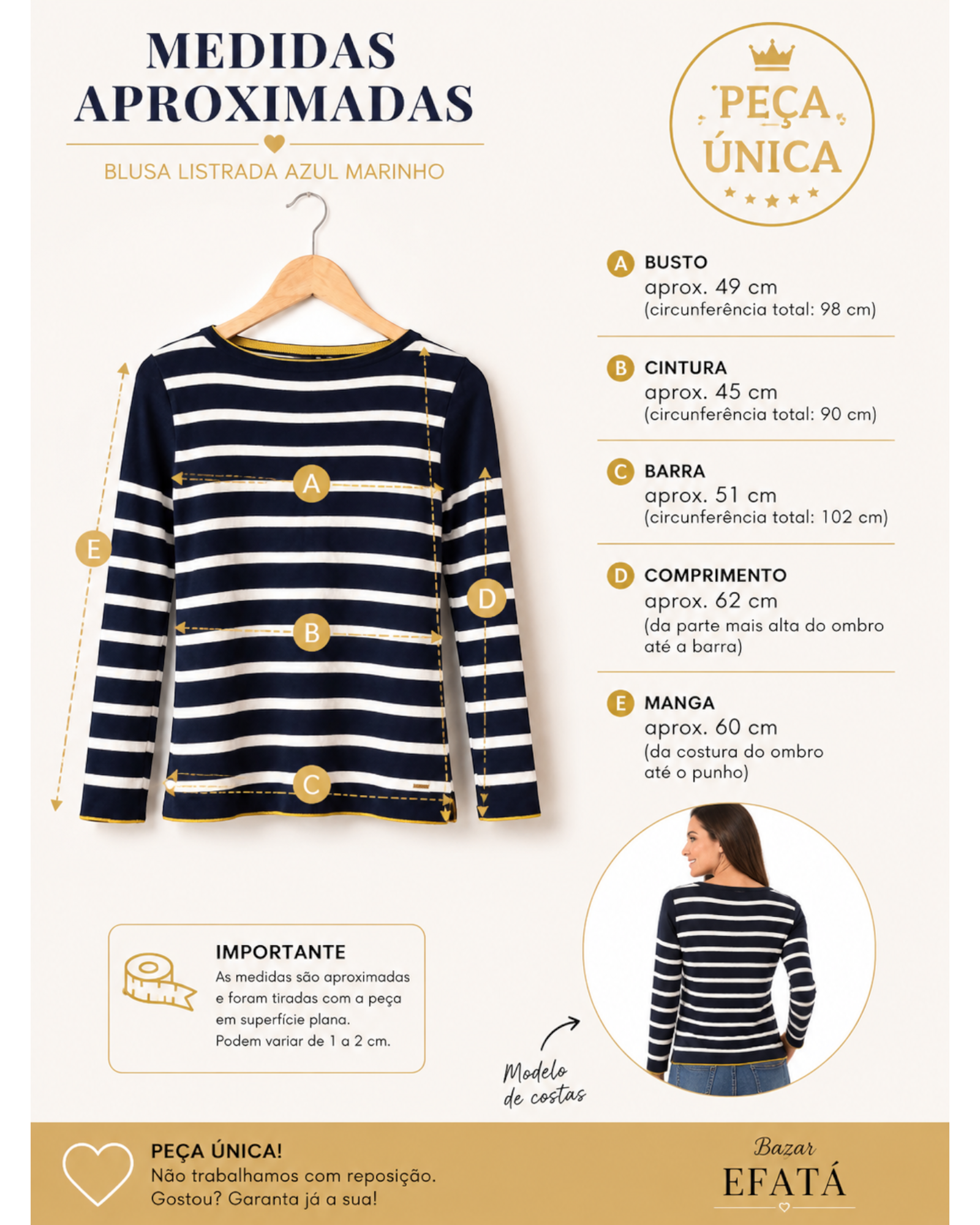 Blusa feminina BAZAR OFICIAL EFATA manga longa listrada azul marinho e branca com detalhes amarelos e medidas