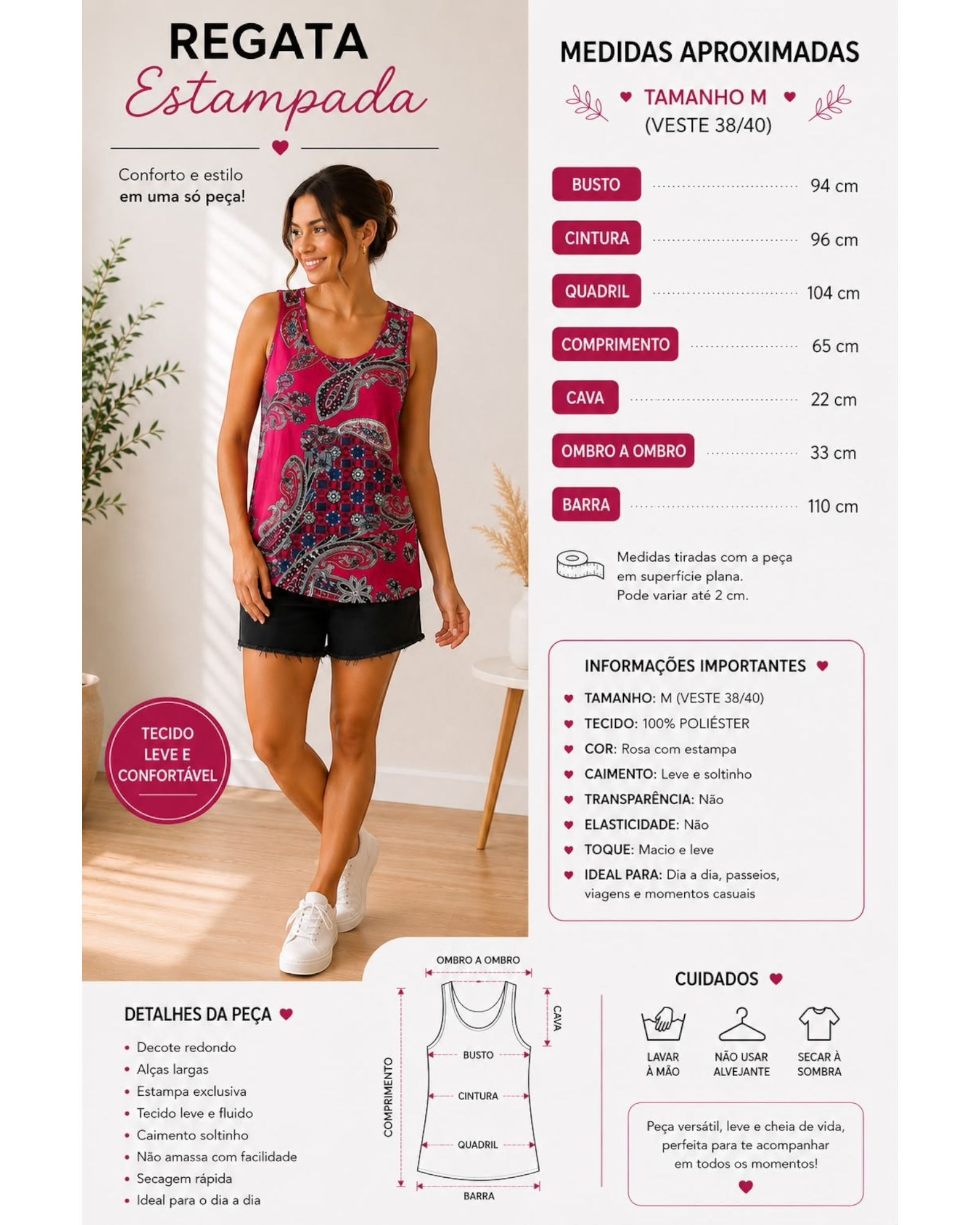 Modelo veste blusa regata plus size estampada em tons de vinho e preto com arabescos, Bazar OFICIAL EFATA.