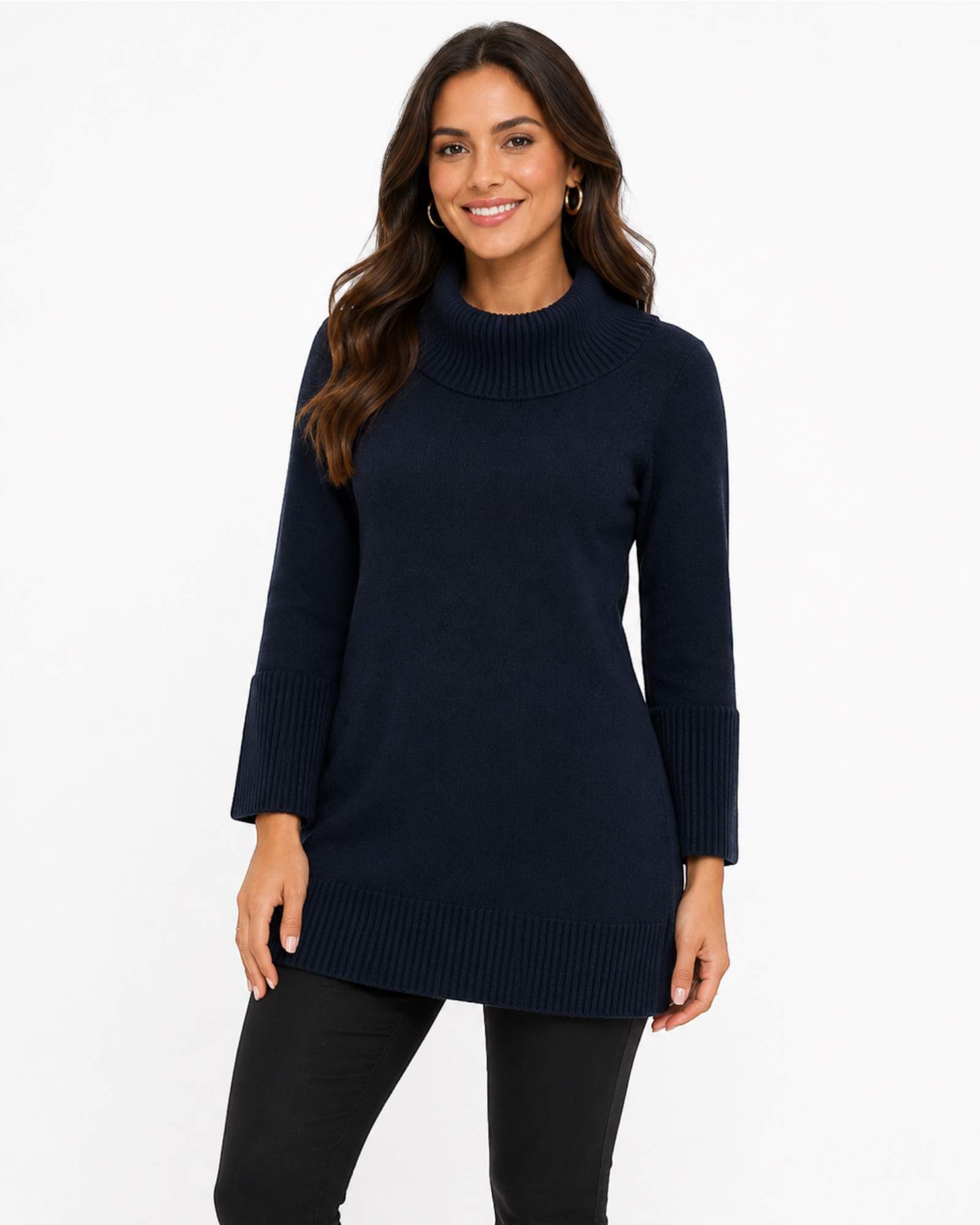 Blusa Gregory de tricô azul-marinho com gola alta, mangas 3/4 e punhos canelados, em modelo alongado tipo túnica.