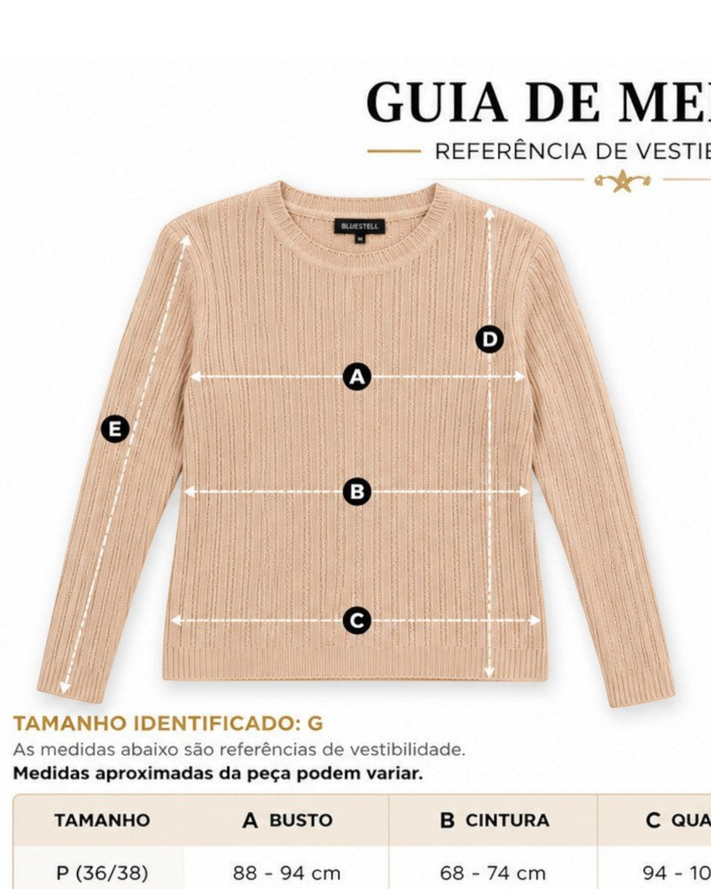 Blusa feminina de tricô canelado bege claro Bazar Oficial Efata com mangas longas e gola redonda em fundo branco.