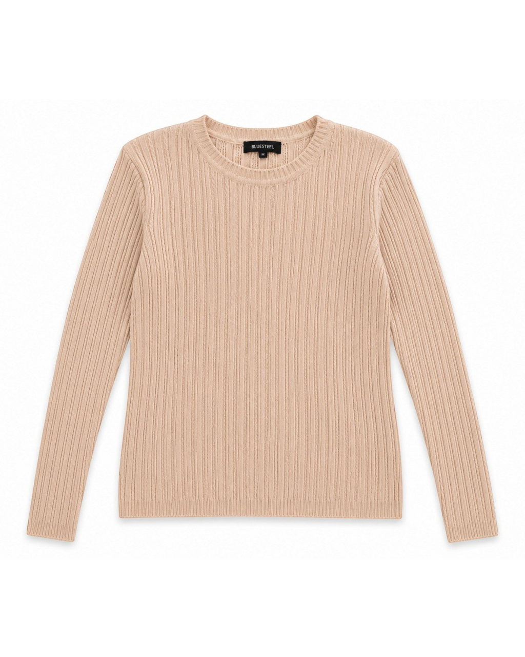 Blusa feminina BAZAR OFICIAL EFATA de tricô canelado bege claro, manga longa e gola redonda, estilo casual.