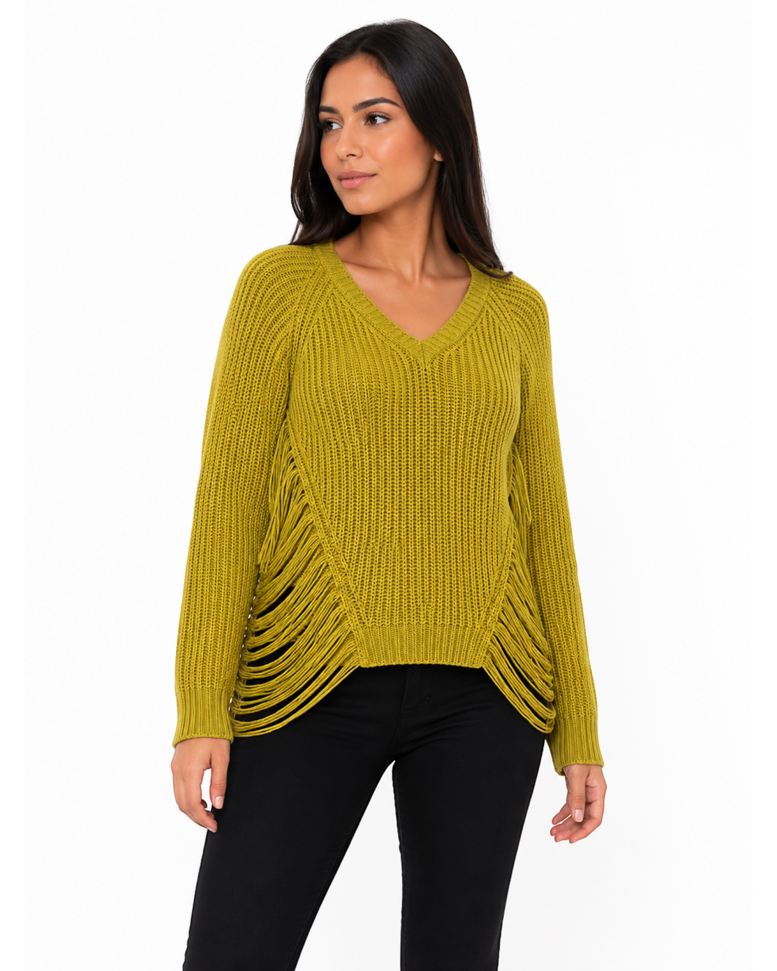 Blusa de tricô verde oliva BAZAR OFICIAL EFATA com decote em V, mangas longas e detalhes de franjas nas laterais