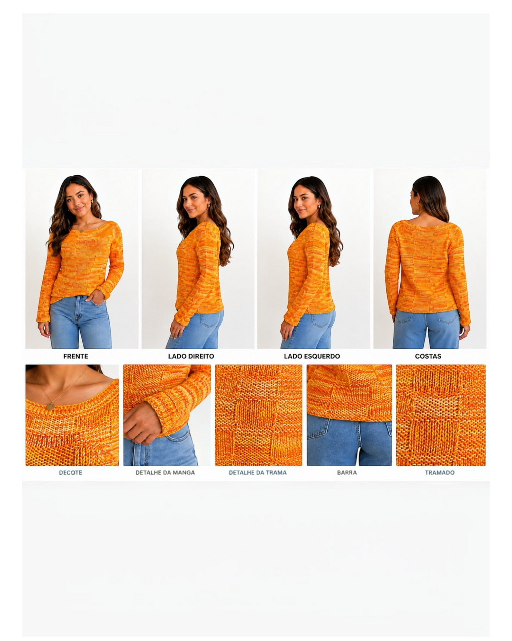 Blusa feminina de tricô laranja mesclada BAZAR OFICIAL EFATA com manga longa e decote arredondado em diferentes ângulos