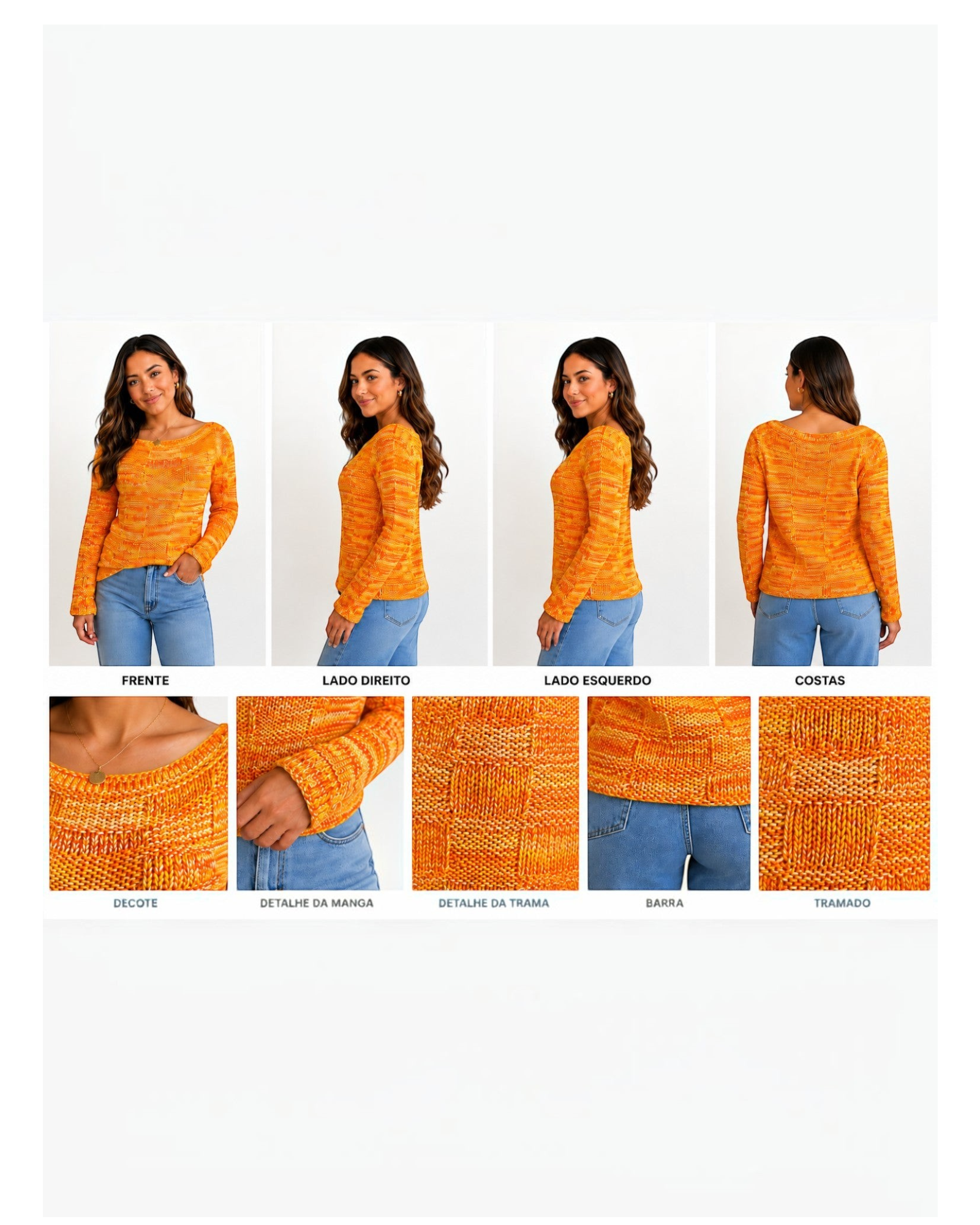 Blusa feminina de tricô laranja mesclada BAZAR OFICIAL EFATA com manga longa e decote arredondado em diferentes ângulos