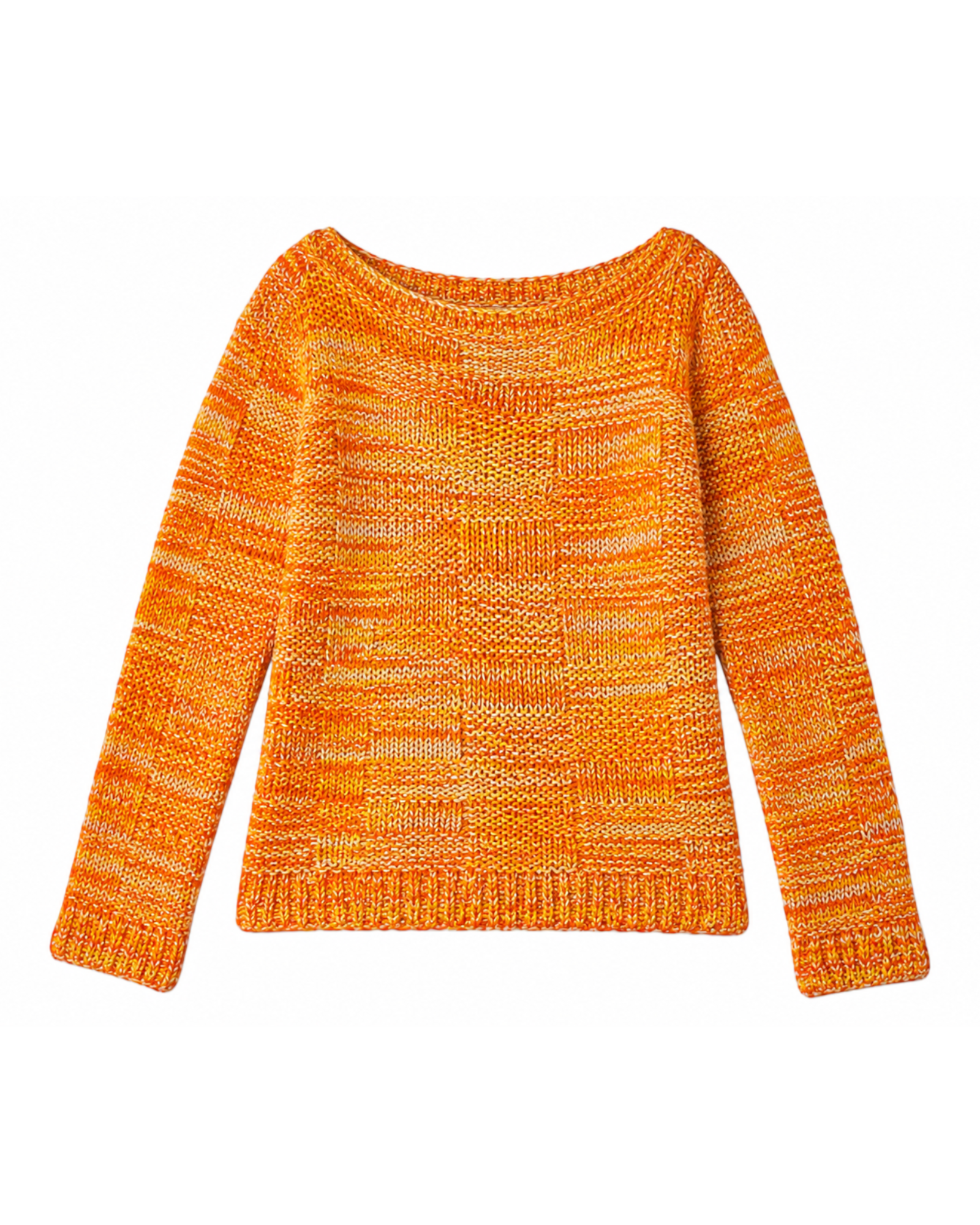 Blusa feminina BAZAR OFICIAL EFATA de tricô laranja mesclado com manga longa e decote arredondado amplo.