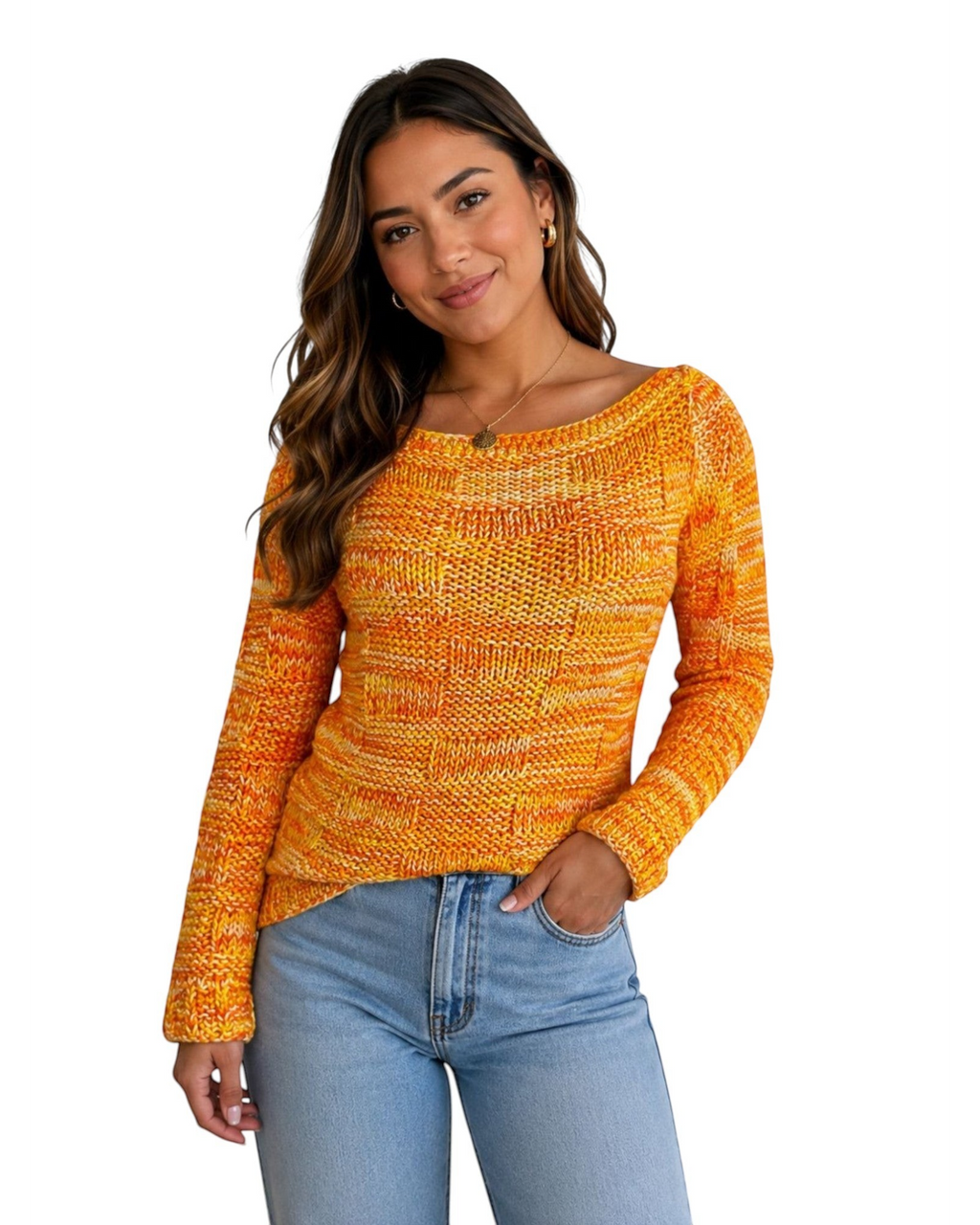 Modelo vestindo blusa de tricô laranja mesclada de manga longa com decote arredondado da BAZAR OFICIAL EFATA