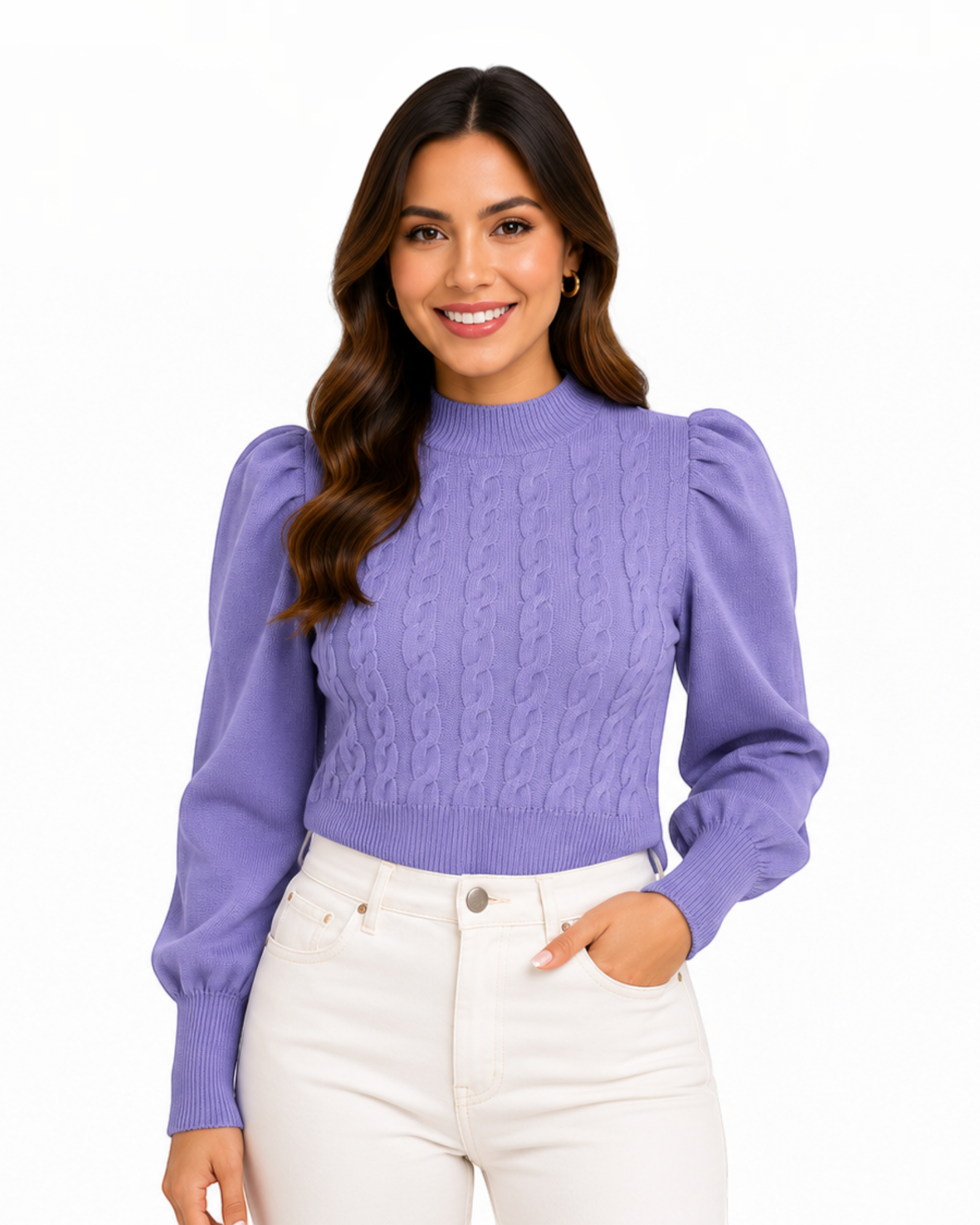 Blusa feminina lilás de tricô BAZAR OFICIAL EFATA com mangas bufantes, tranças frontais e gola alta canelada.