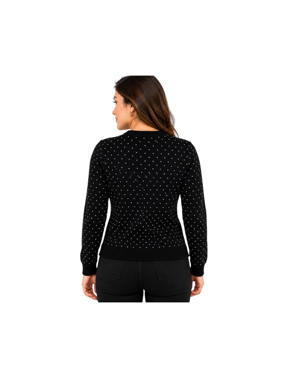 Vista traseira de blusa de tricô preta com poás brancos da marca Bluesteel, modelo manga longa, Bazar Oficial Efata.