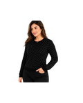 Blusa feminina Bluesteel de tricô preta com poás brancos e manga longa, disponível no BAZAR OFICIAL EFATA.