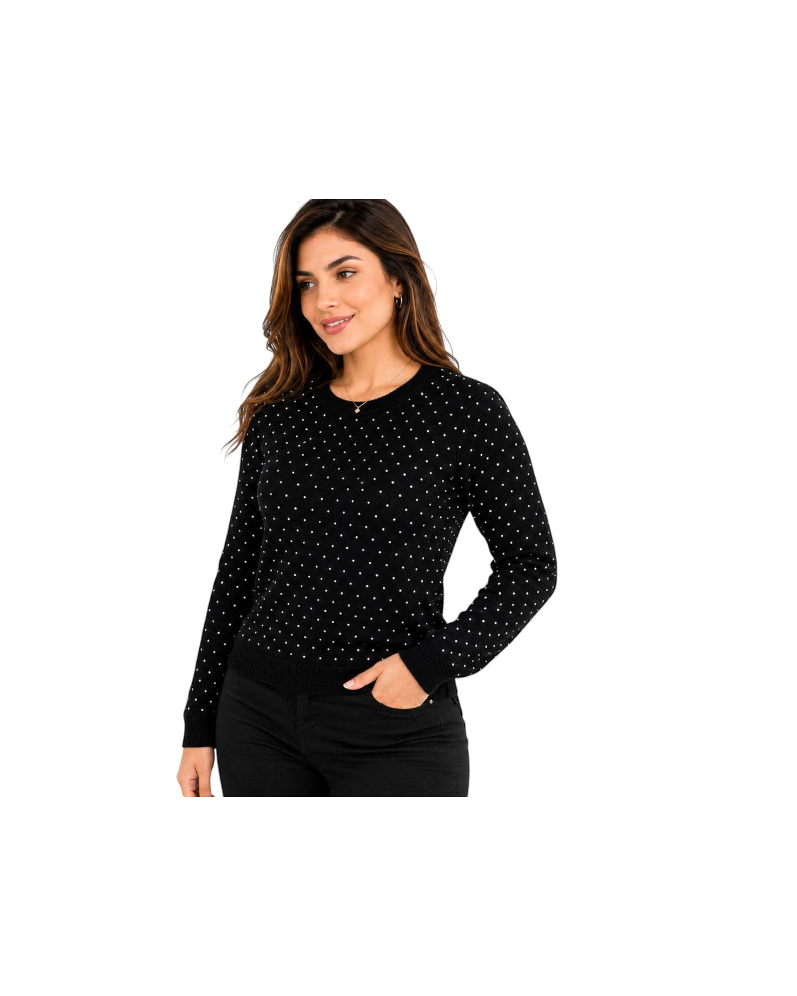 Blusa feminina Bluesteel de tricô preta com poás brancos e manga longa, disponível no BAZAR OFICIAL EFATA.