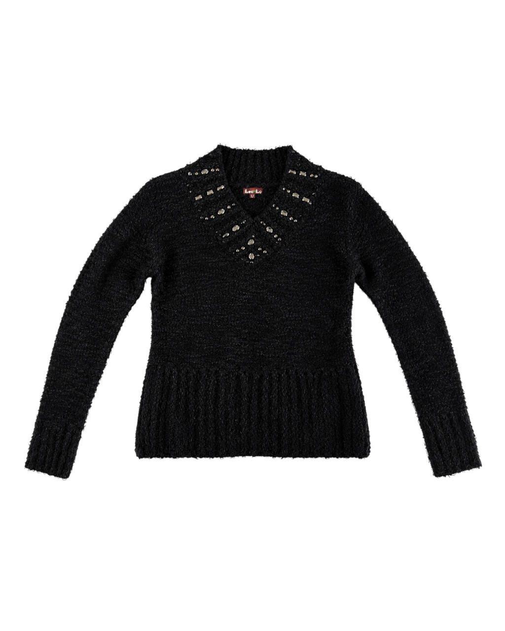 Blusa feminina de tricô preta Lou Lou com manga longa e gola detalhada com aplicações metálicas, Bazar Oficial Efata.