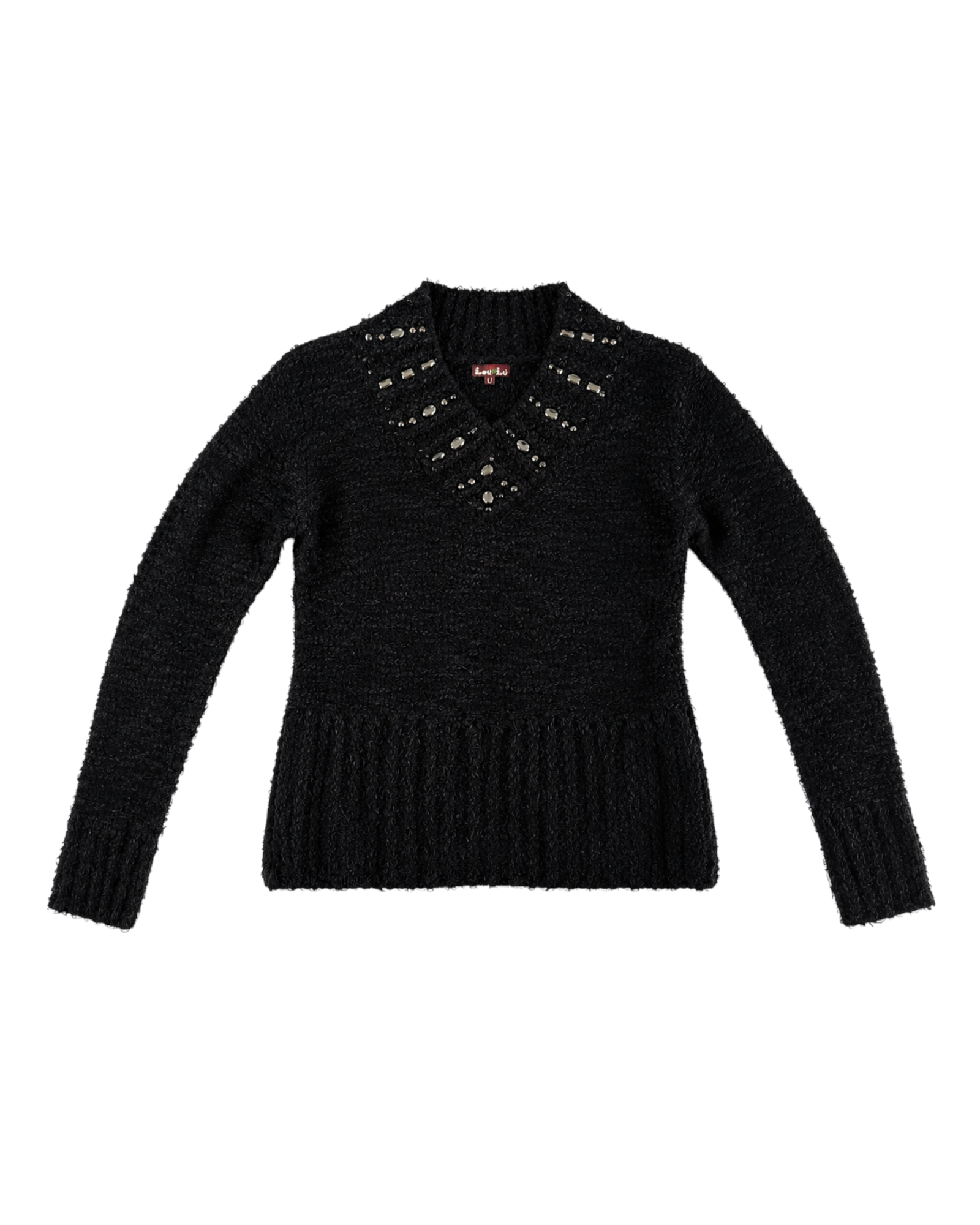 Blusa feminina de tricô preta Lou Lou com manga longa e gola detalhada com aplicações metálicas, Bazar Oficial Efata.