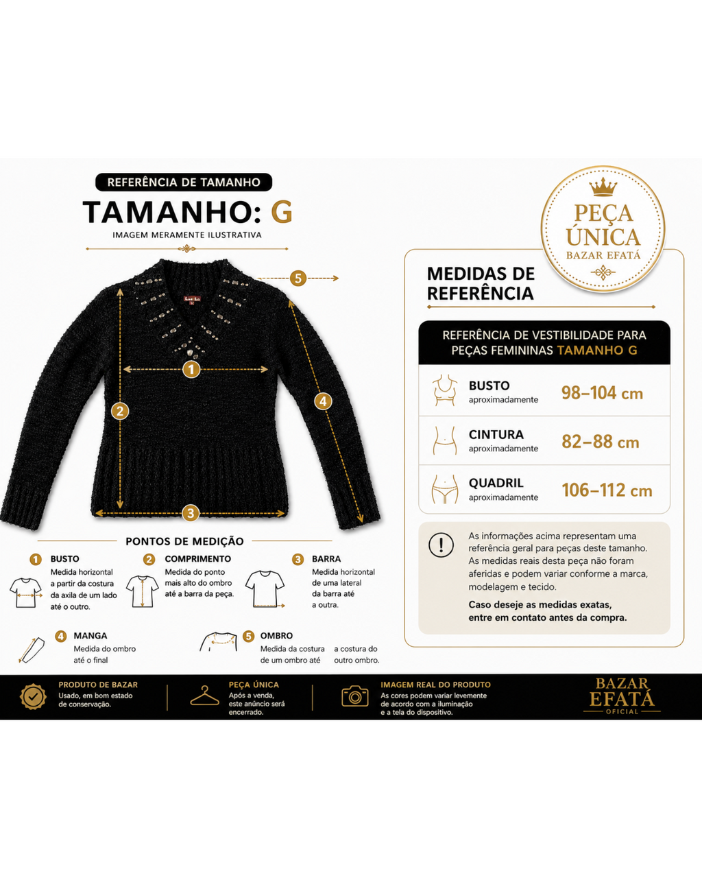 Blusa feminina de tricô preta Lou Lou com gola de aplicações metálicas, exibida em guia de medidas do Bazar Oficial Efata.