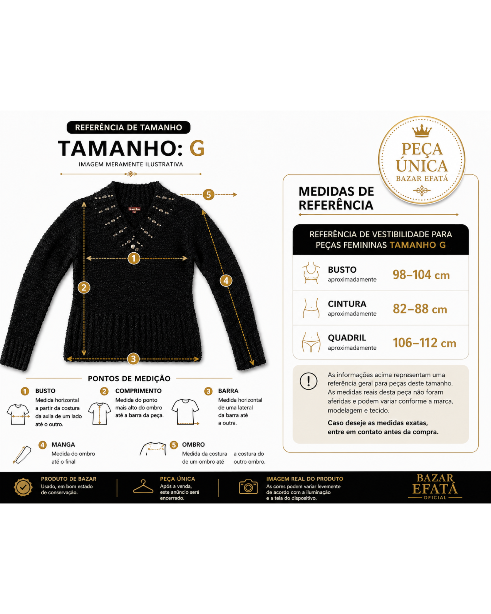 Blusa feminina de tricô preta Lou Lou com gola de aplicações metálicas, exibida em guia de medidas do Bazar Oficial Efata.