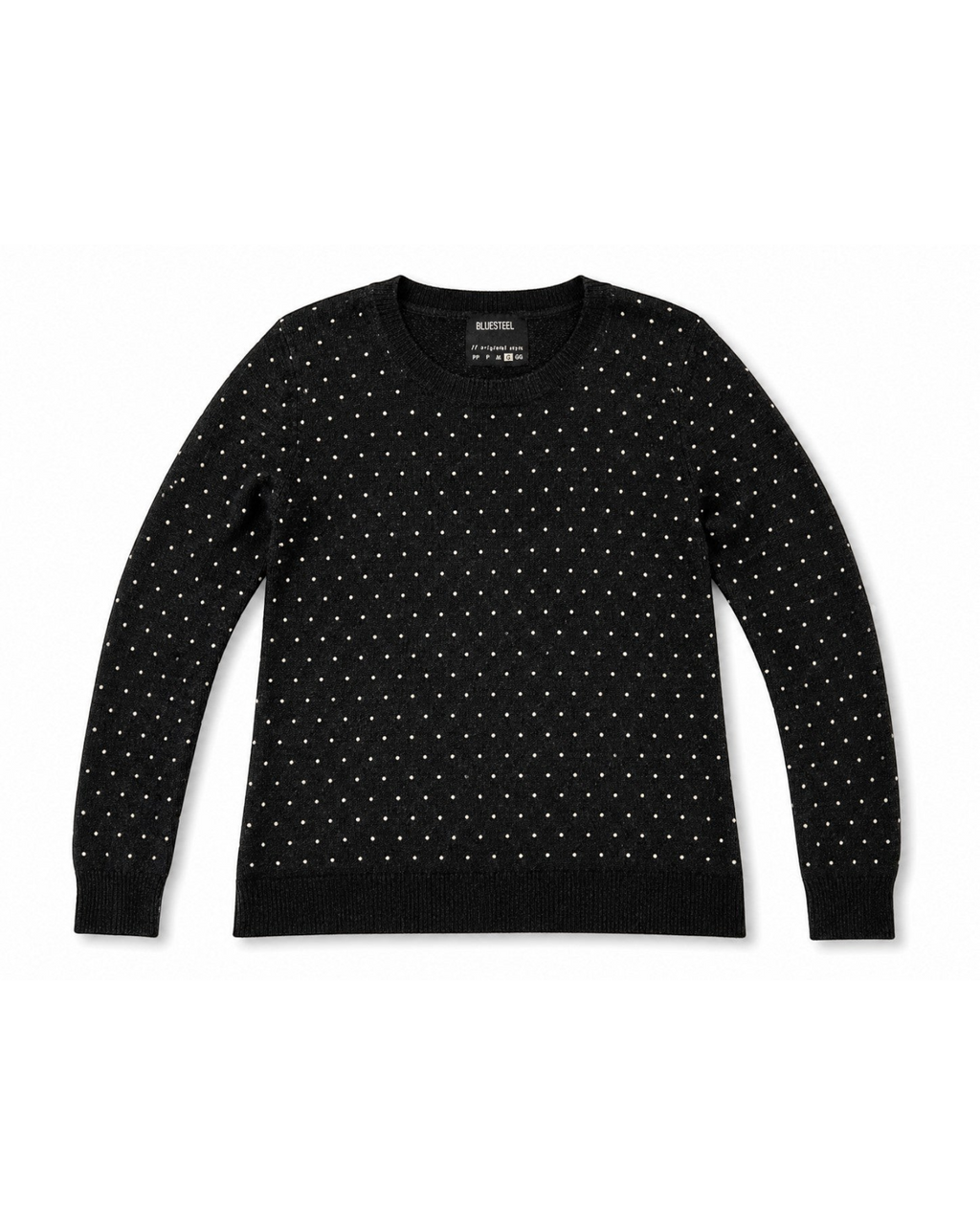 Blusa feminina de tricô preta com poás brancos da marca Bluesteel, manga longa e gola redonda, Bazar Oficial Efata.