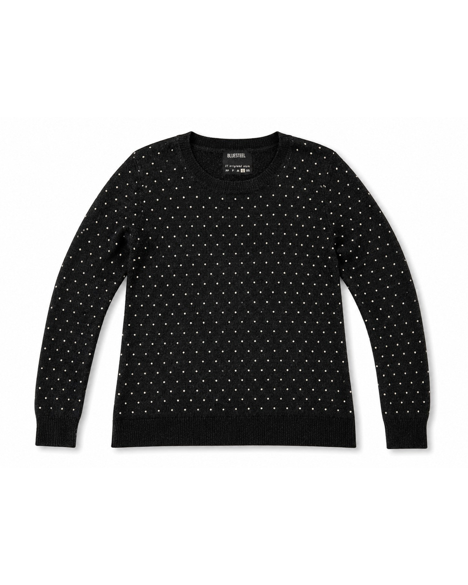 Blusa feminina de tricô preta com poás brancos da marca Bluesteel, manga longa e gola redonda, Bazar Oficial Efata.