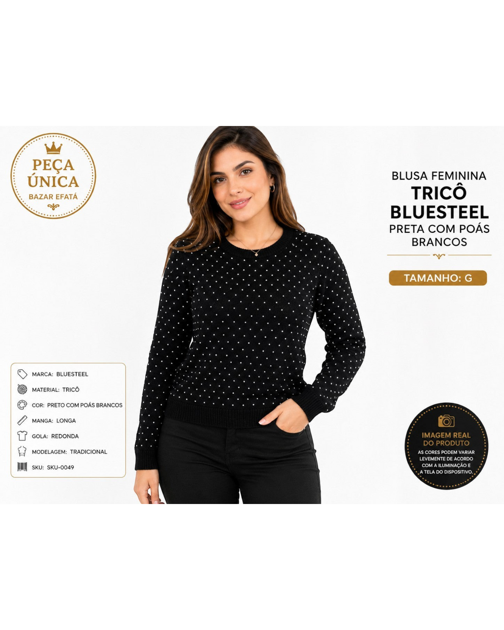 Modelo vestindo blusa feminina de tricô preta com poás brancos, manga longa e gola redonda, BAZAR OFICIAL EFATA.