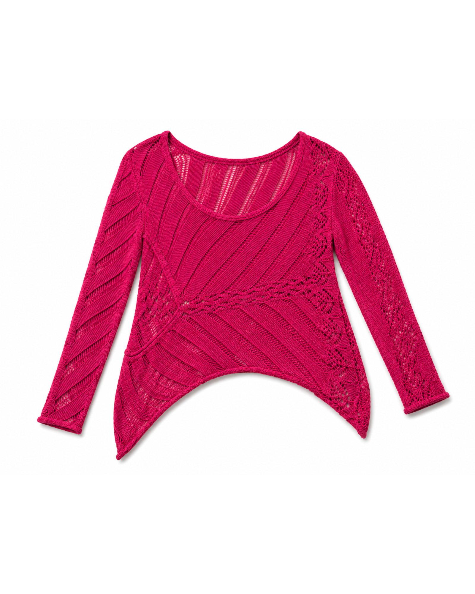 Blusa BAZAR OFICIAL EFATA de tricô rosa pink com manga longa, trama vazada e barra assimétrica em fundo branco.