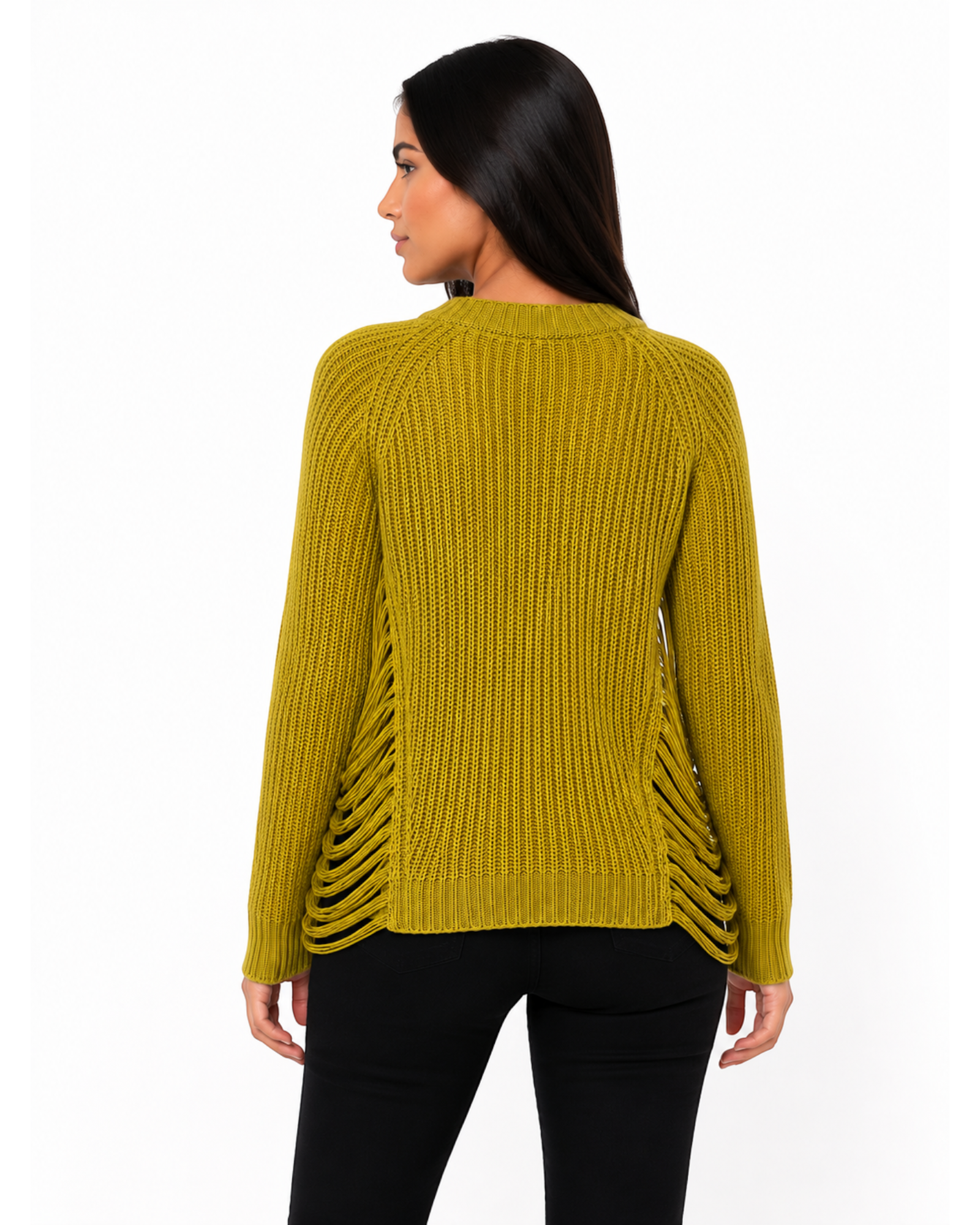Blusa de tricô verde oliva BAZAR OFICIAL EFATA com mangas longas e detalhes de franjas vazadas nas laterais
